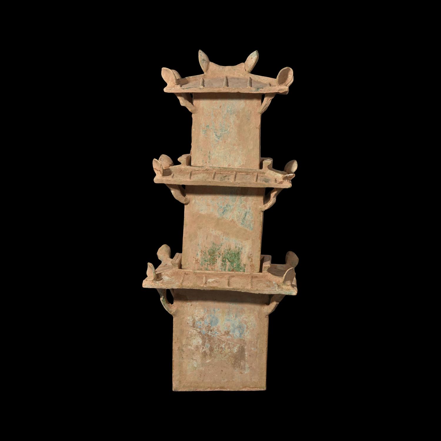 A Large Chinese Green Glazed Pottery Model of a Tower, Han Dynasty 漢 綠釉 灰陶 塔