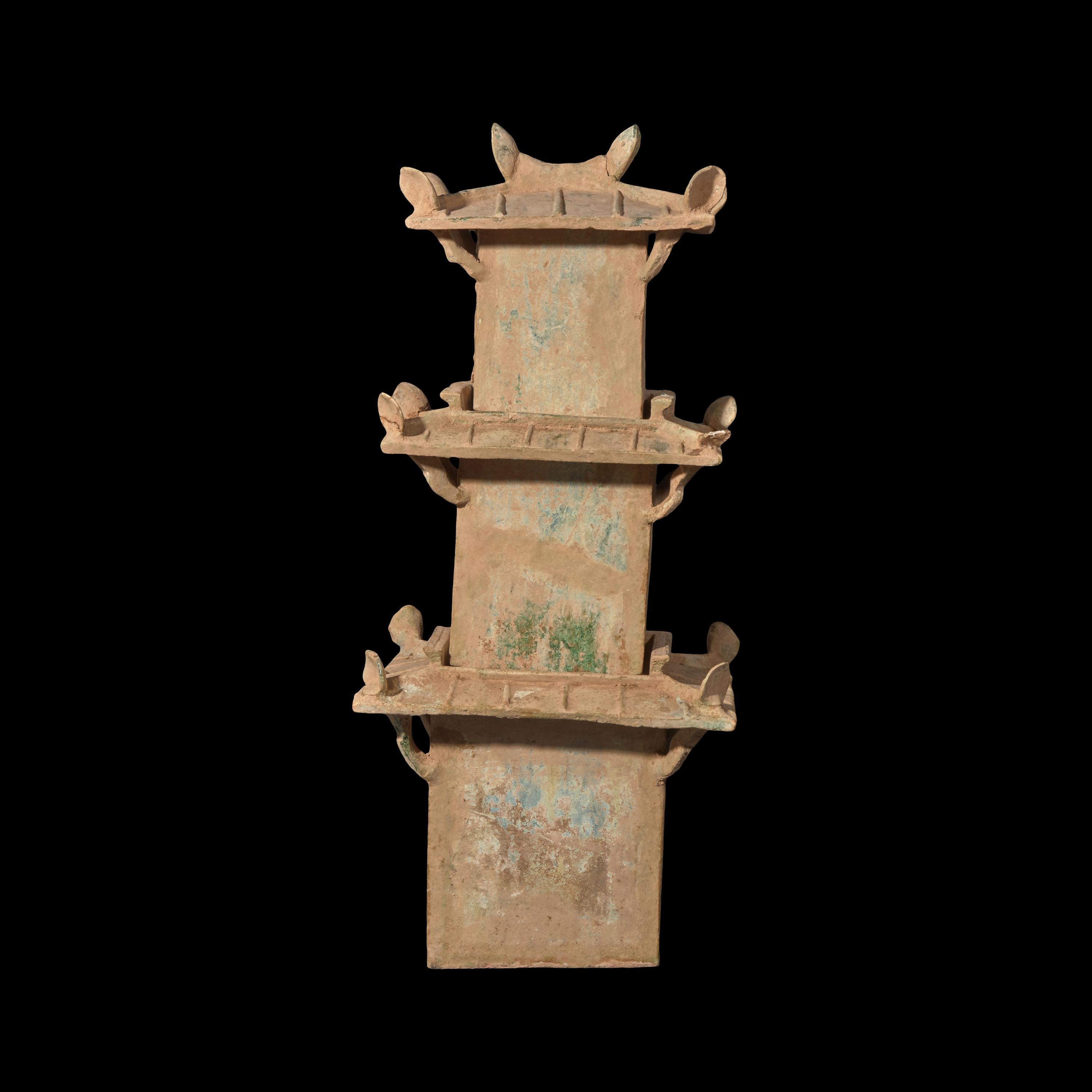 A Large Chinese Green Glazed Pottery Model of a Tower, Han Dynasty 漢 綠釉 灰陶 塔