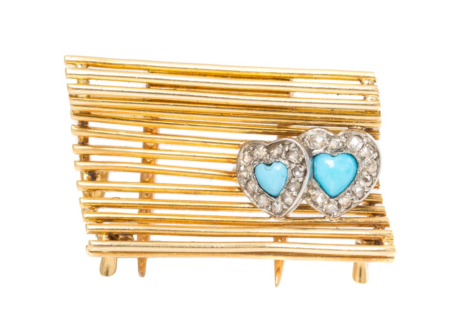 An 18 Karat Yellow Gold, Turquoise and Diamond Park Bench Pin, Cartier, Circa 1950's, 3.80 dwts.