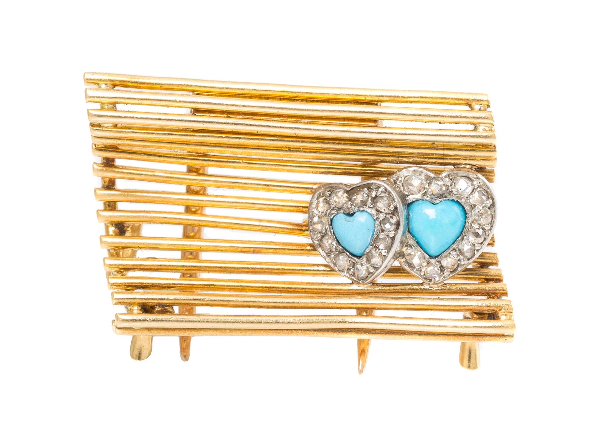 An 18 Karat Yellow Gold, Turquoise and Diamond Park Bench Pin, Cartier, Circa 1950's, 3.80 dwts.