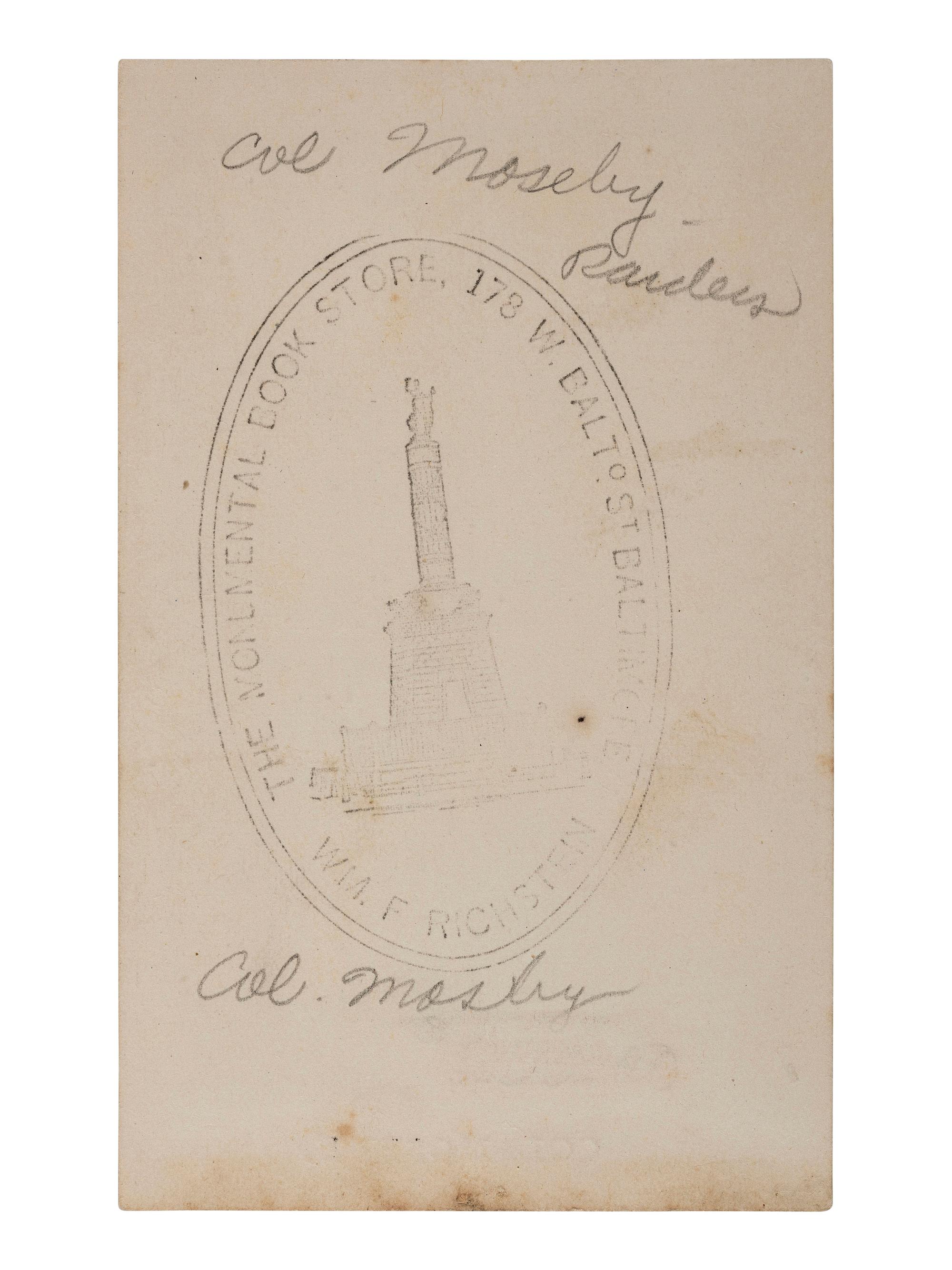 [MOSBY, JOHN S. (1833-1916)]. CDV of Colonel Mosby. Baltimore seller's stamp on verso.