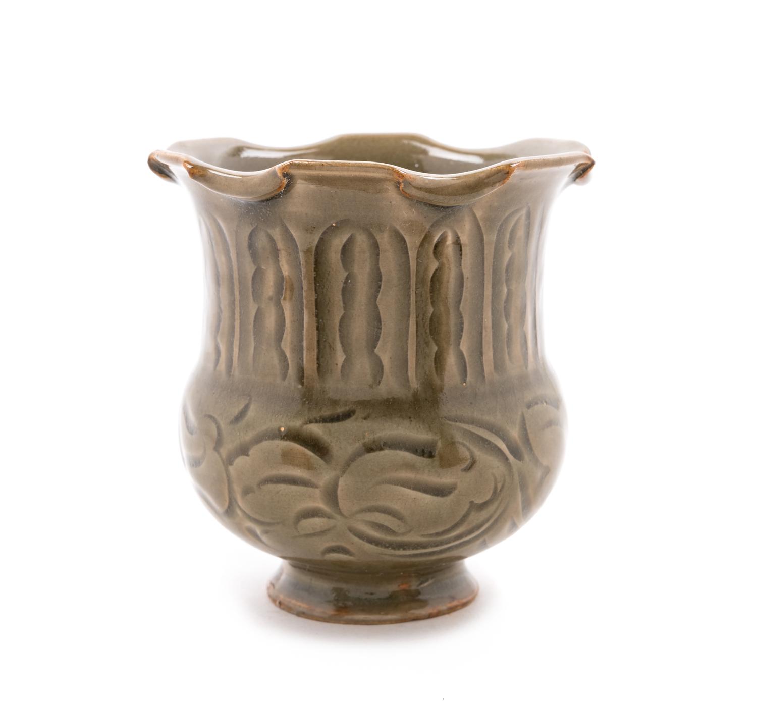 A Chinese Yaozhouyao Carved Celadon Glazed Porcelain Floriform Vessel