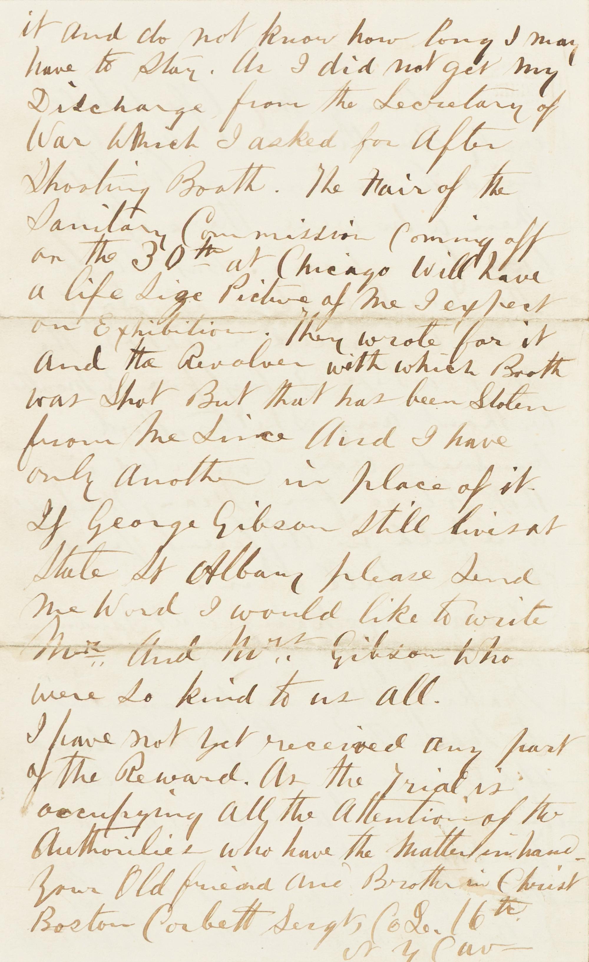 [LINCOLN ASSASSINATION] CORBETT, Thomas H. ("Boston") (ca 1832- 1888). Autograph letter, signed ("Boston Corbett") to "Brother Eddy." Washington, D.C., 13 May 1865.