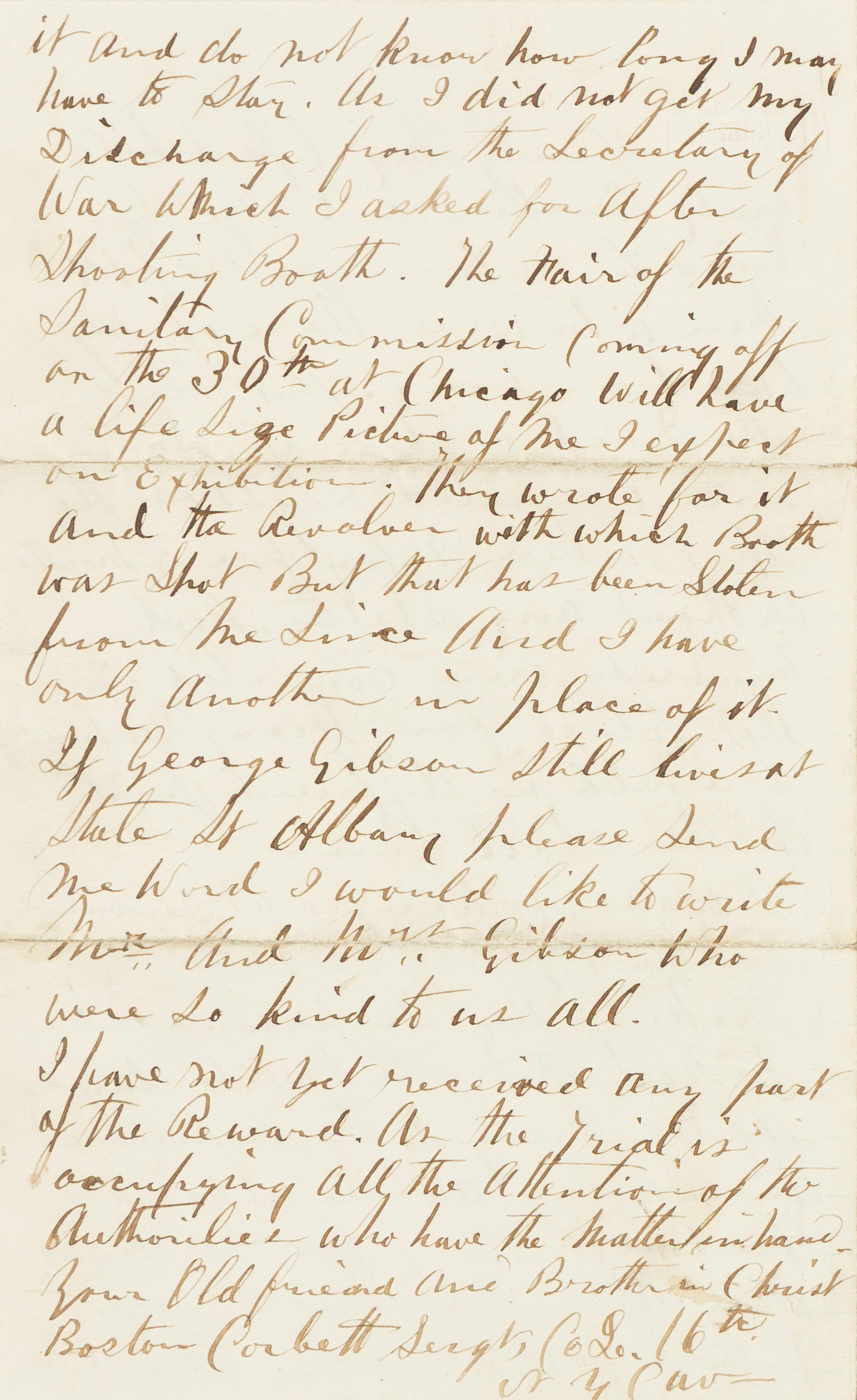 [LINCOLN ASSASSINATION] CORBETT, Thomas H. ("Boston") (ca 1832- 1888). Autograph letter, signed ("Boston Corbett") to "Brother Eddy." Washington, D.C., 13 May 1865.
