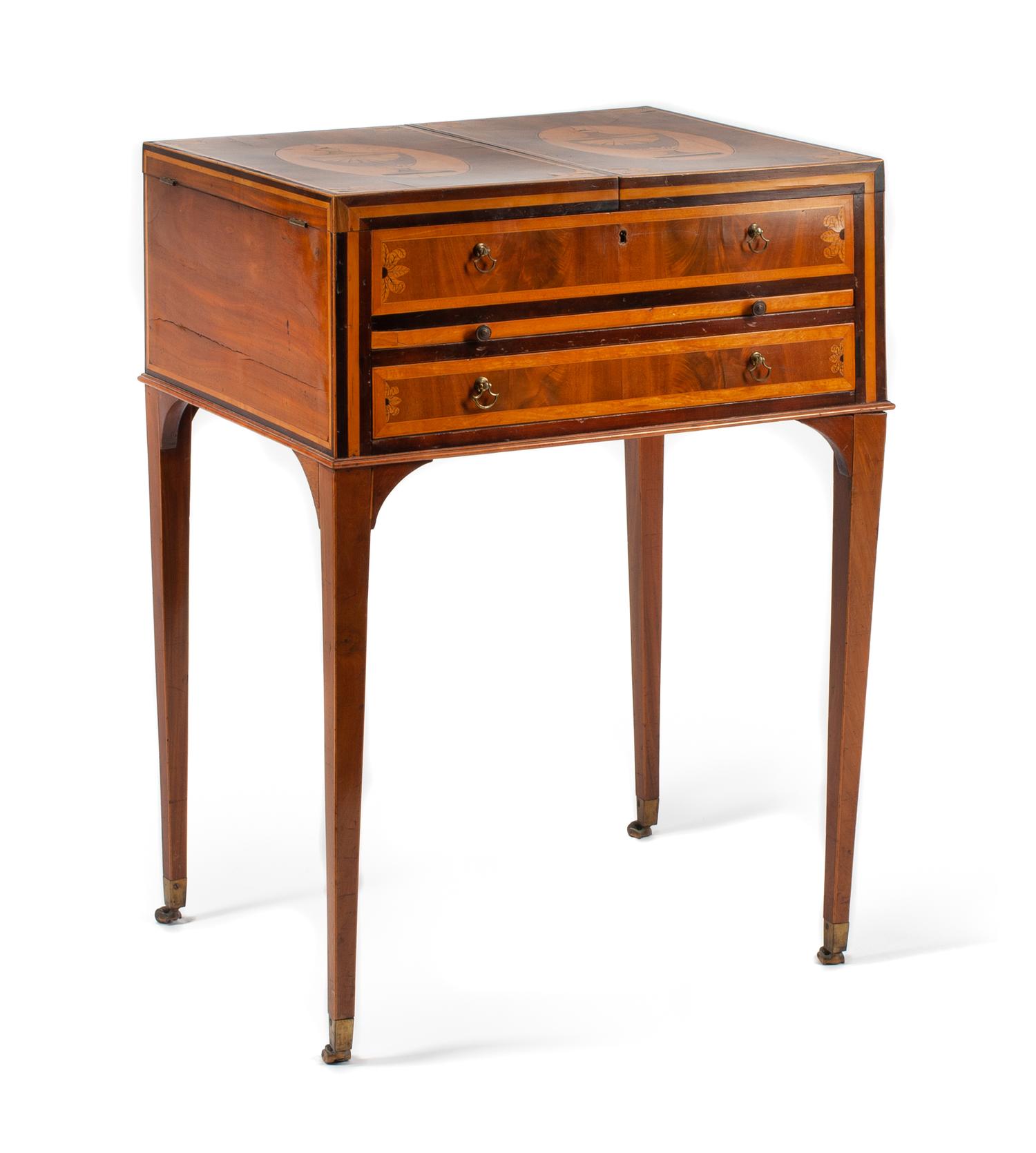 A George III Mahogany and Satinwood Marquetry Dressing Table Height 32 1/2 x width 24 x depth 20 inches. — LATE 18TH CENTURY