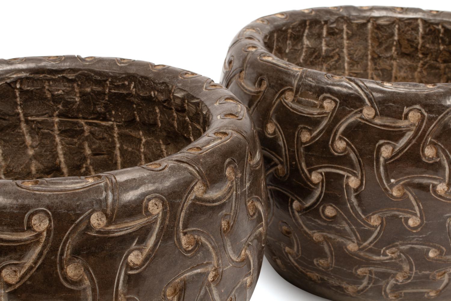 A Pair of Celtic Style Carved Marble Jardinières