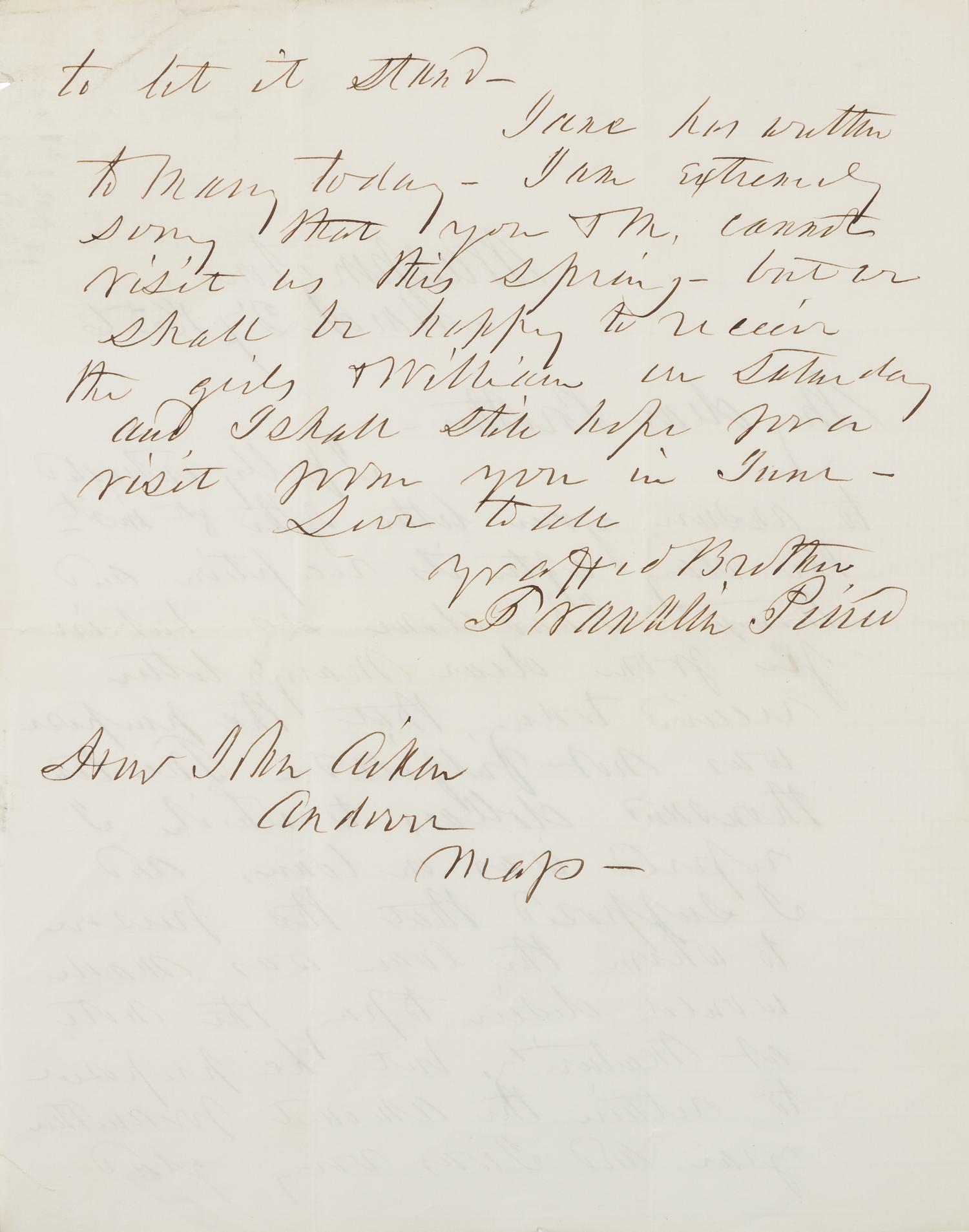 PIERCE, Franklin. Autographed letter signed ("Franklin Pierce"), as President, to Hon. John Aiken, Andover, MA, 27 March 1856.