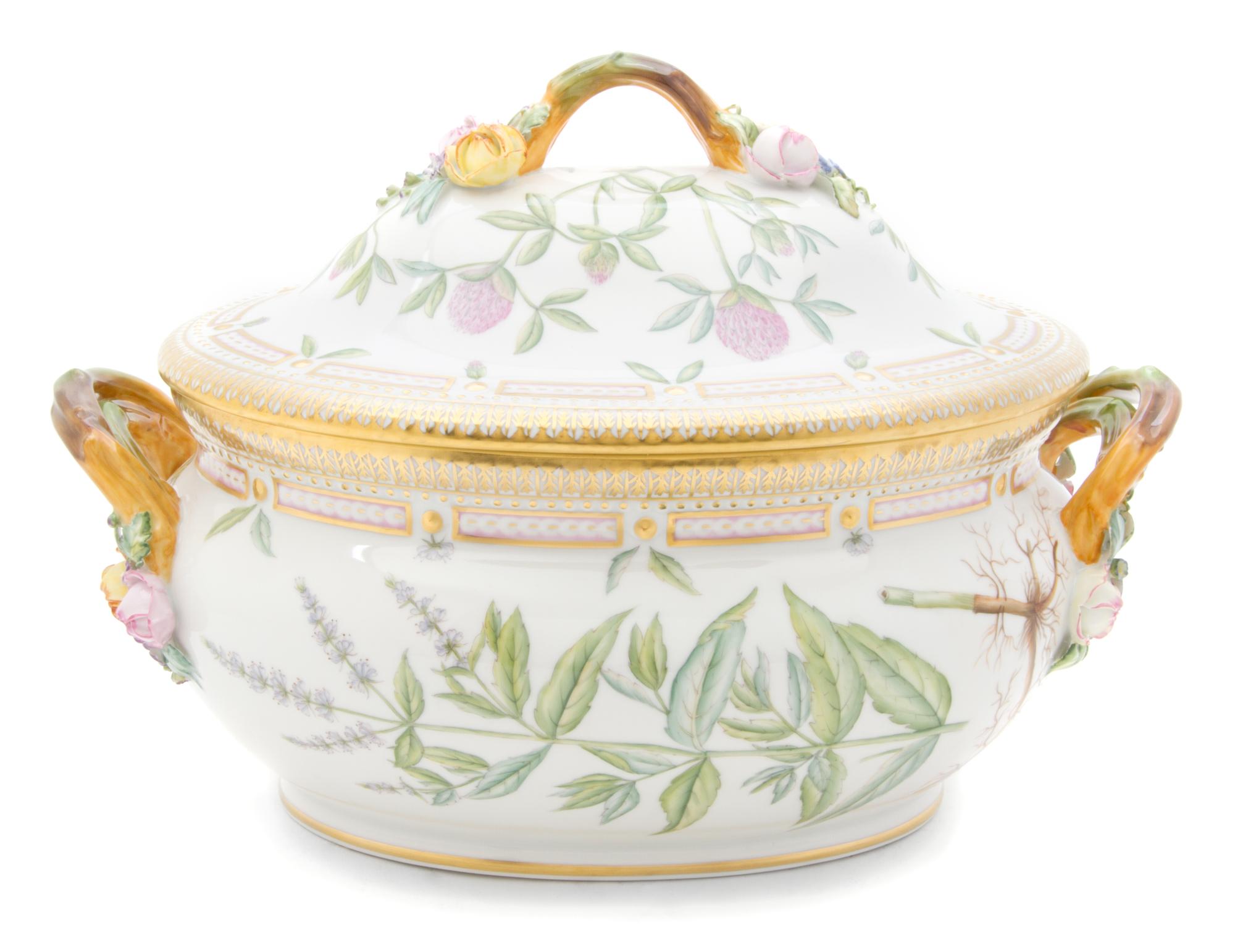 A Royal Copenhagen Flora Danica Soup Tureen Width over handles 13 1/2 inches.