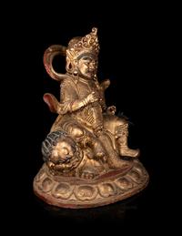 A Large and Rare Sino-Tibetan Gilt Lacquer Wood Figure of Vaishravana