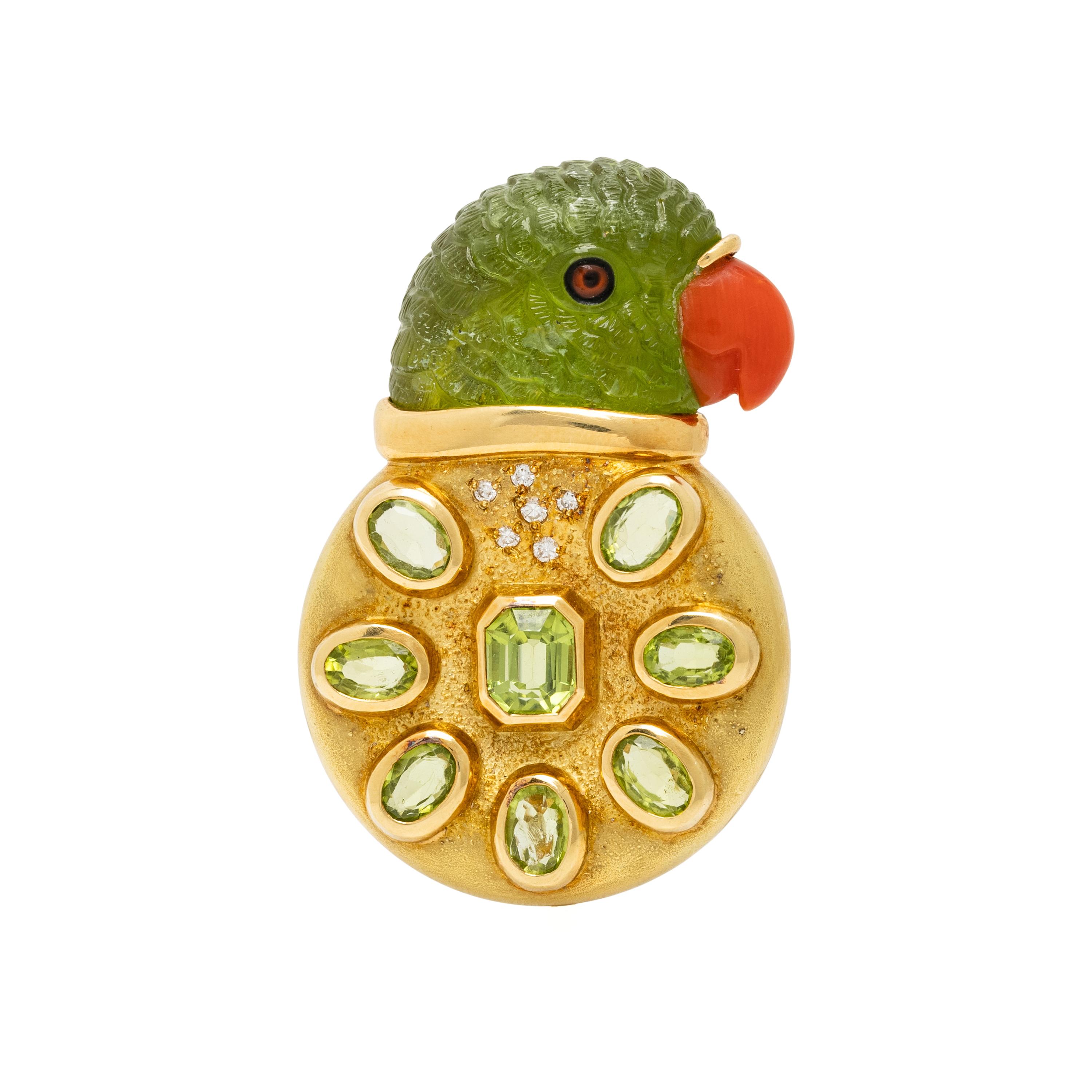 ELIZABETH GAGE, MULTIGEM AND YELLOW GOLD PARROT BROOCH