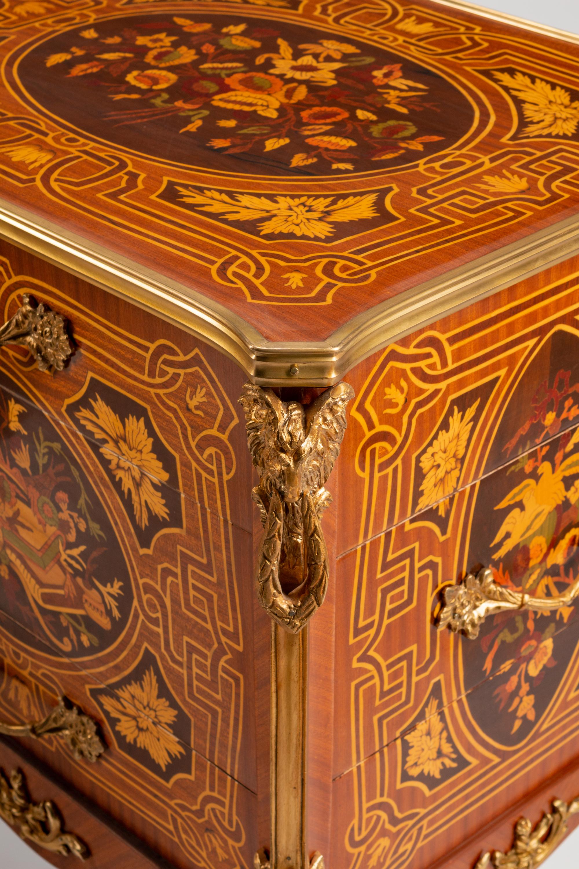 A Pair of Louis XV Style Gilt-Bronze-Mounted Marquetry Side Cabinets