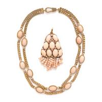 Coral, Diamond, and Yellow Gold Necklace