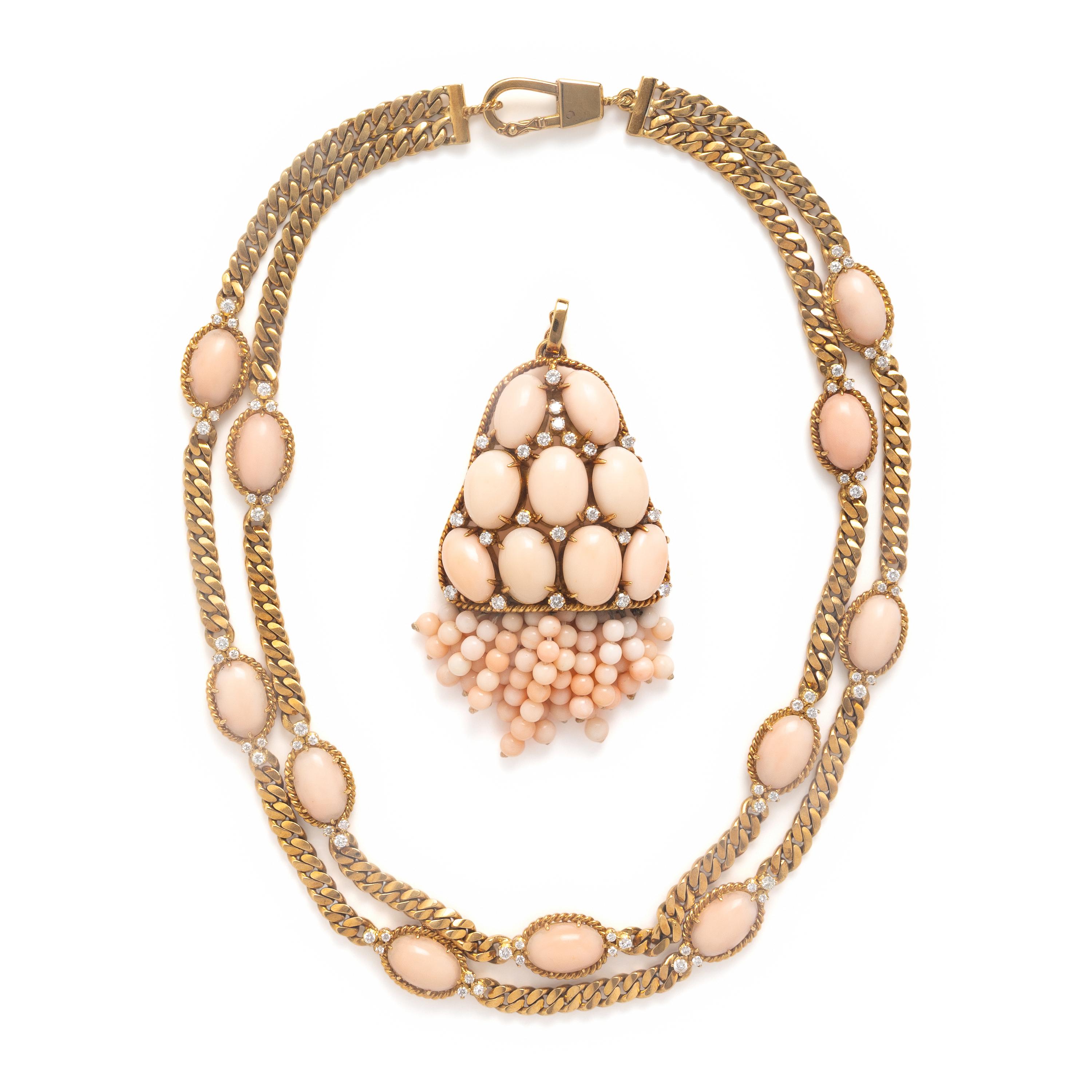 Coral, Diamond, and Yellow Gold Necklace