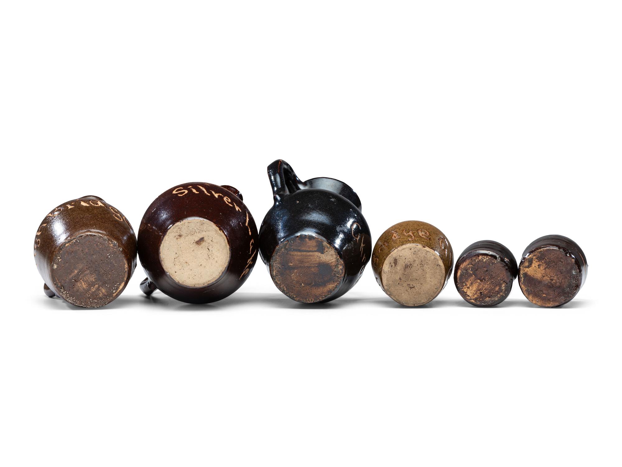 Six Fair and Amusement Park Souvenir Slip-Glazed Miniature Stoneware Vessels