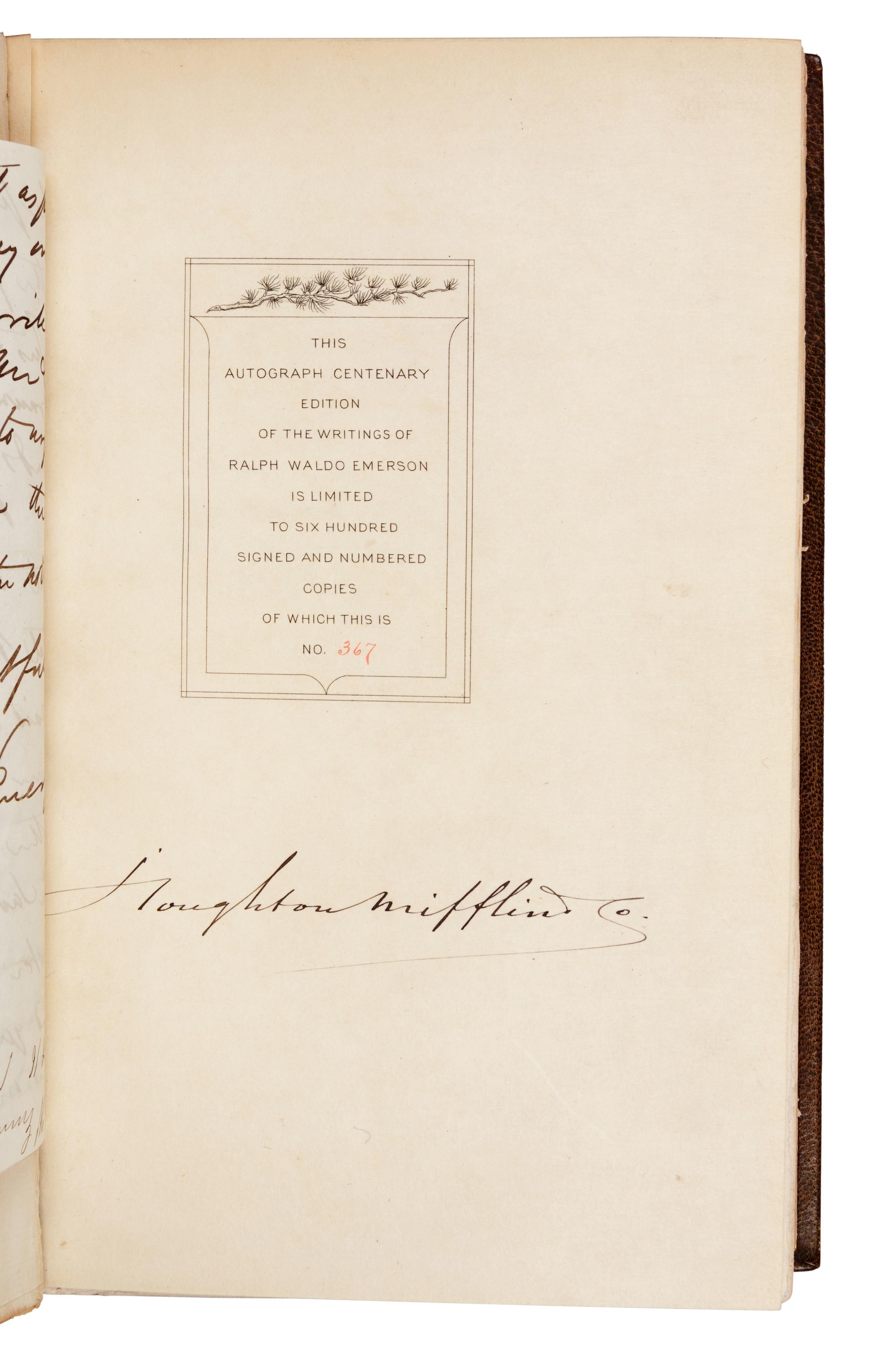 EMERSON, Ralph Waldo (1803-1882). Works . Cambridge, MA: The Riverside Press, 1903.