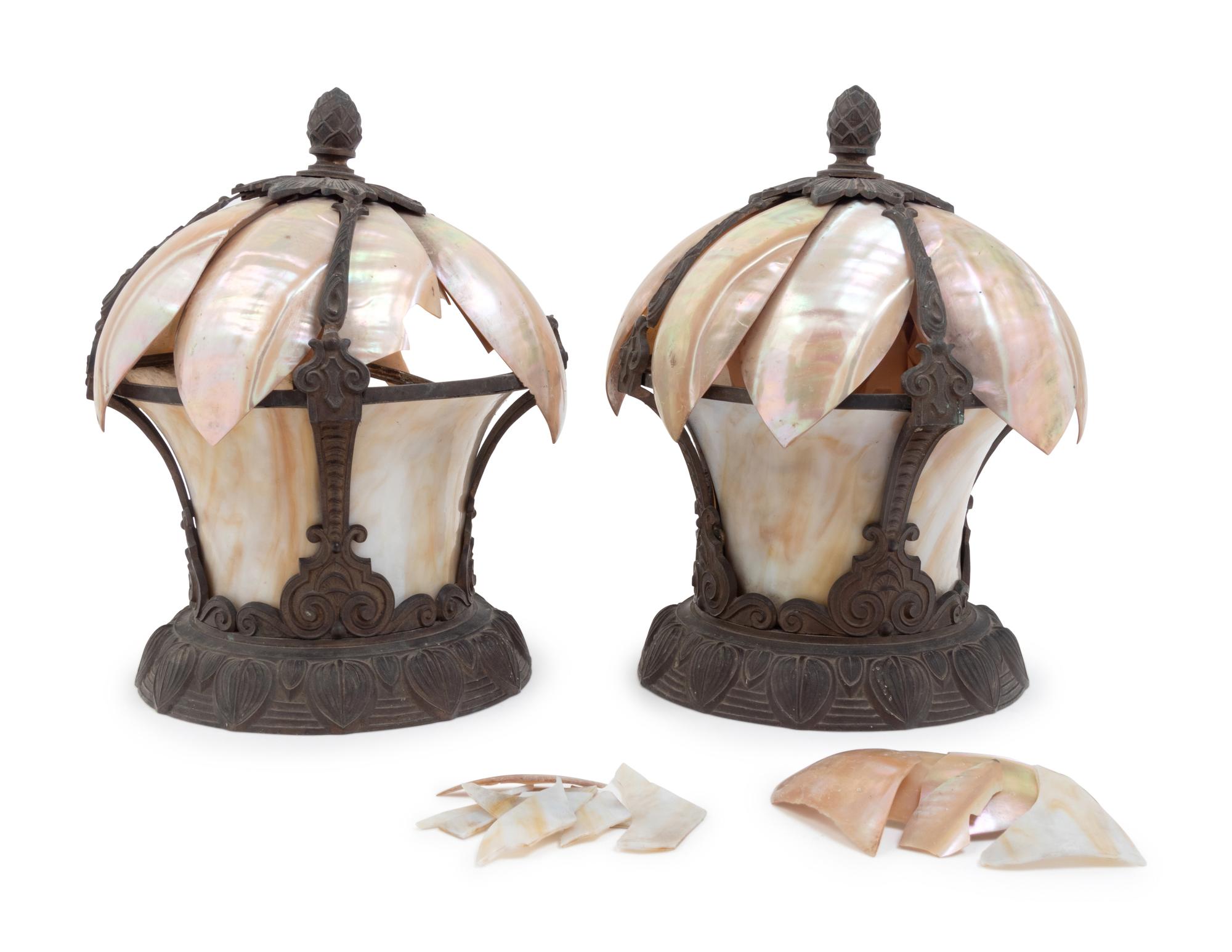 A Pair of American Cast Metal, Glass and Shell-Mounted Lanterns