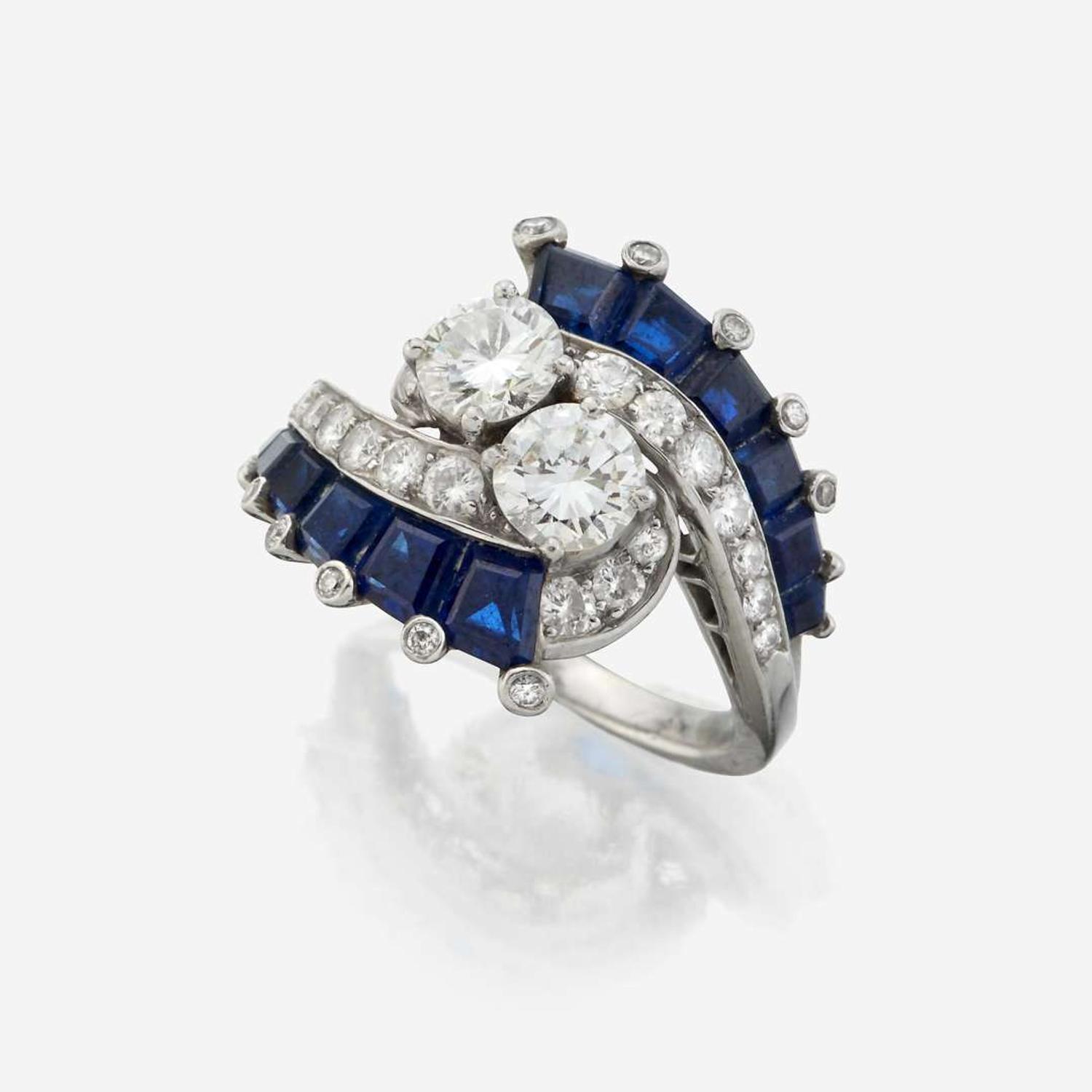 A diamond, sapphire, and platinum ring