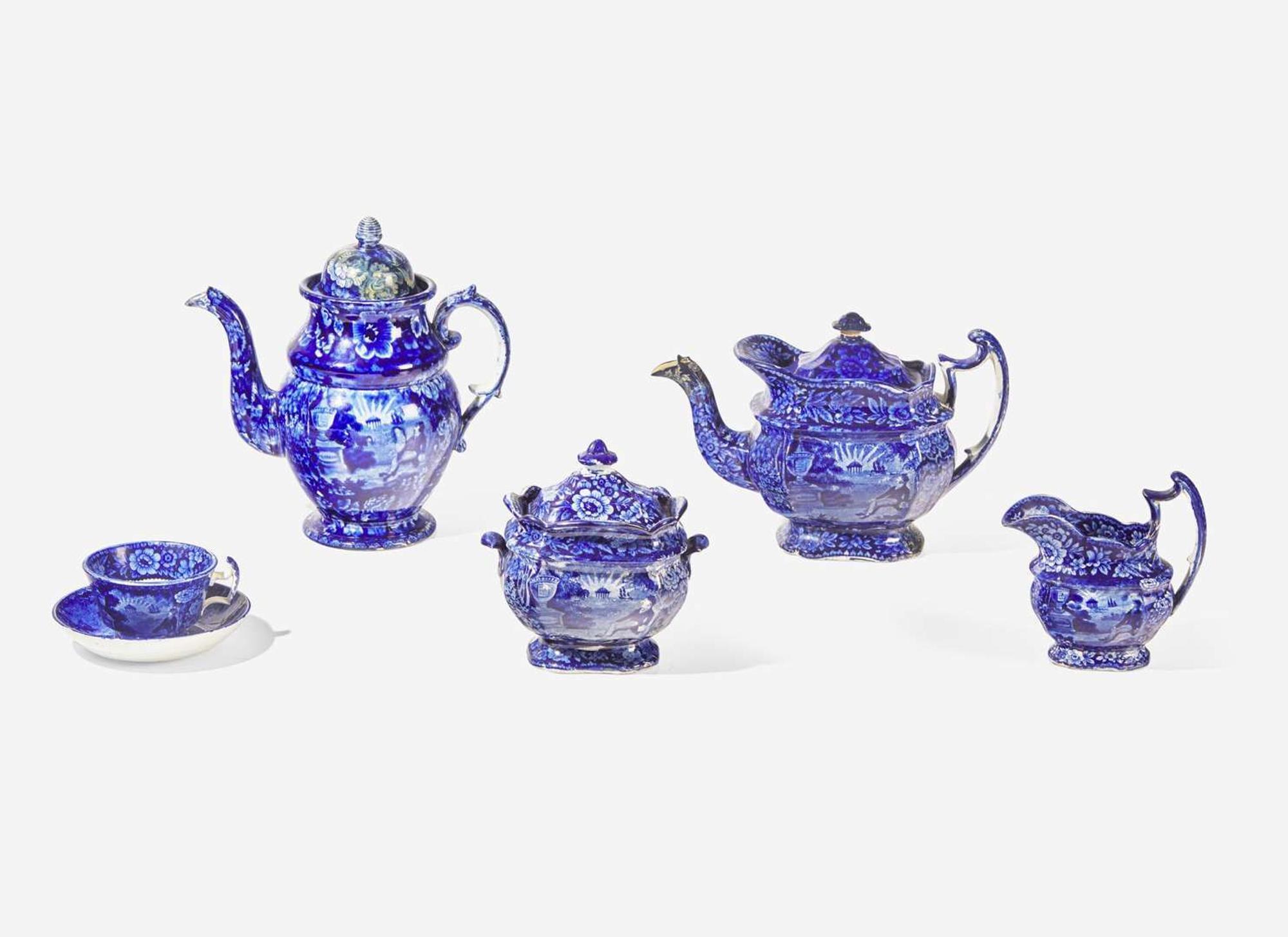 A group of six "Lafayette at the Tomb of Franklin" Staffordshire Historical Blue tablewares, E. Wood & Sons, Burslem, England, and others, first third 19th century