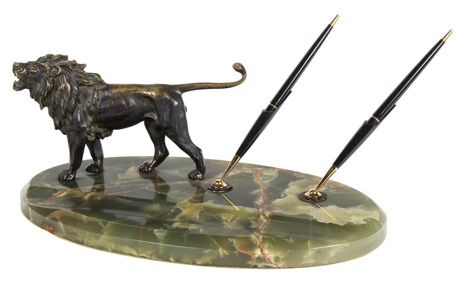 A Brass Lion Mounted Onyx Standish Length 14 3/4 inches. — 20TH CENTURY