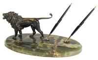 A Brass Lion Mounted Onyx Standish Length 14 3/4 inches. — 20TH CENTURY