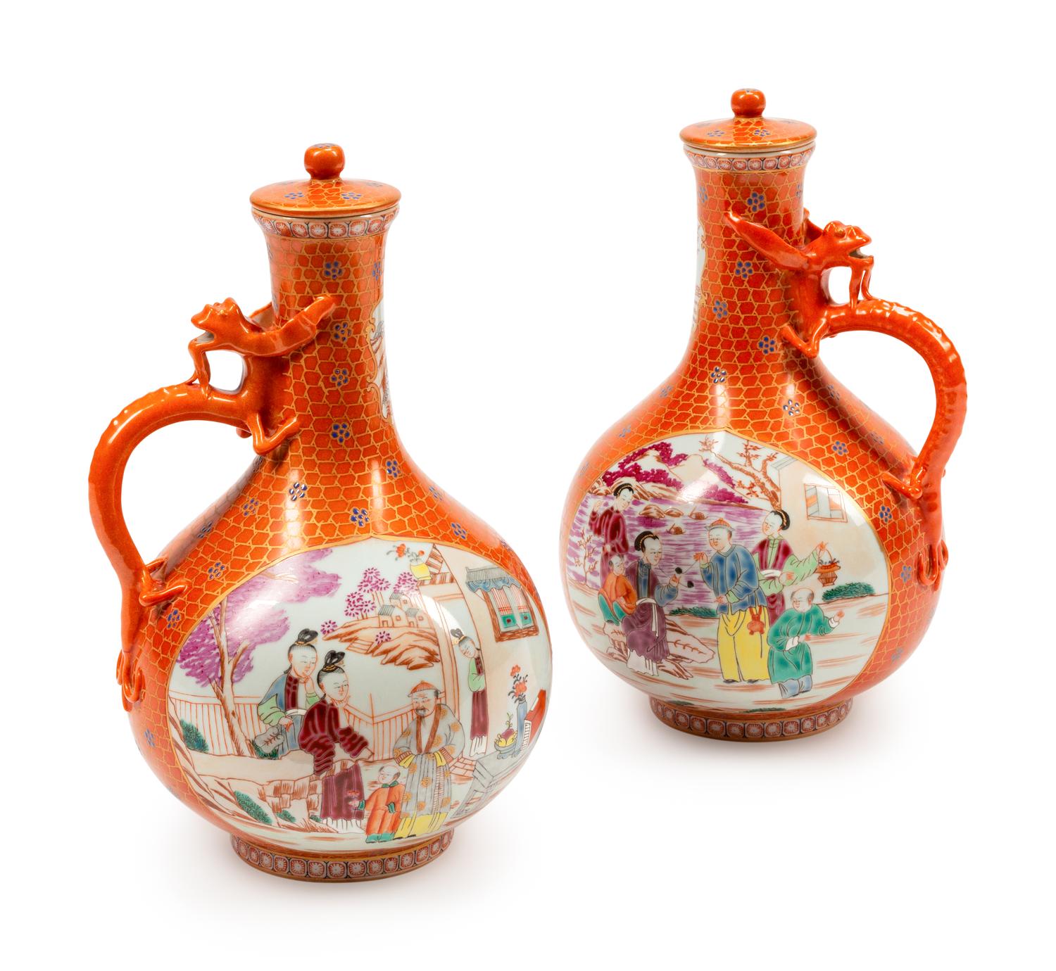 A Pair of Chinese Export Porcelain 'Dragon Motif' Water Pots and Covers