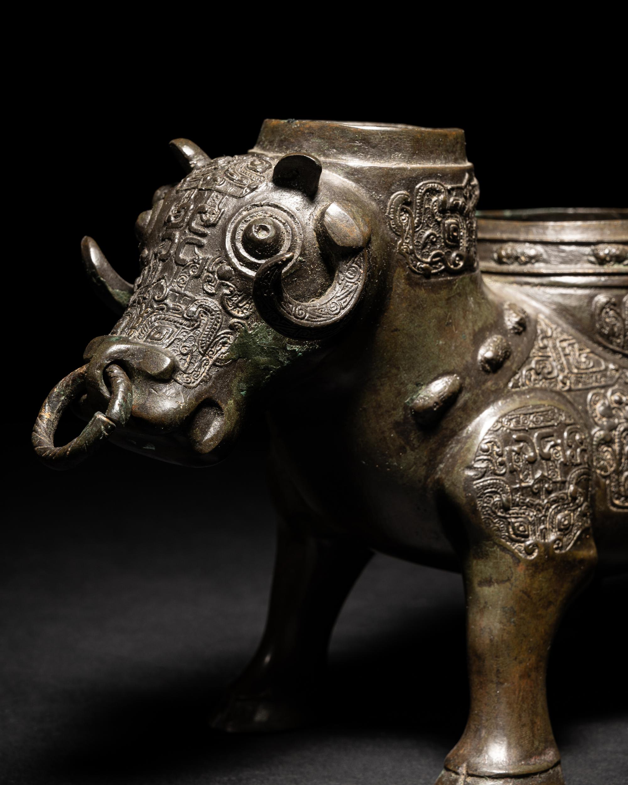 A Chinese Archaistic Style Bronze Bull-Form Wine Warmer