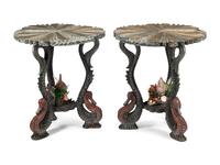 A Pair of Painted Wood and Shell-Applied “Grotto” Side Tables