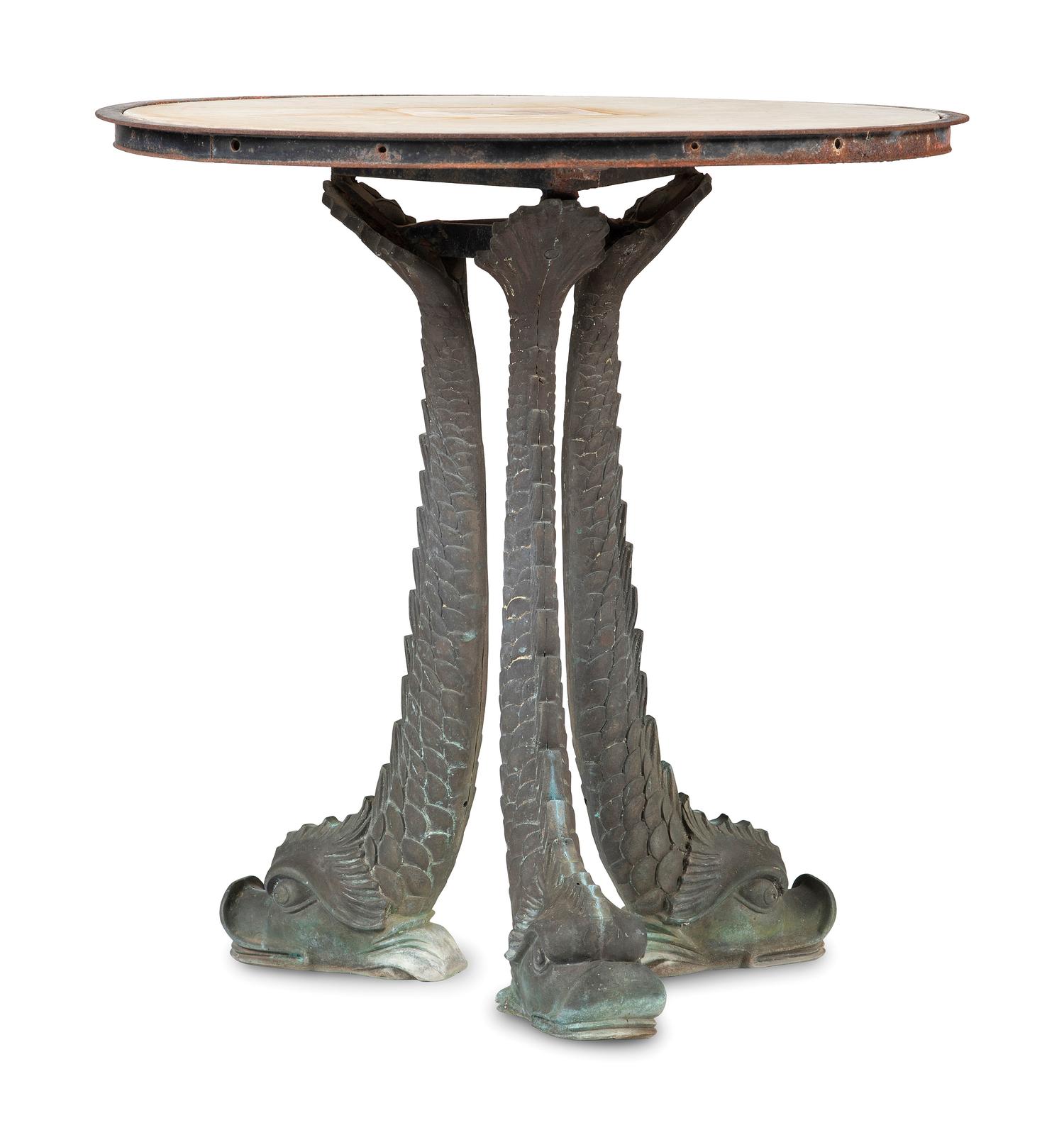 A Grotto Style Marble Inset Cast Iron and Bronze Dolphin-Base Pedestal Table