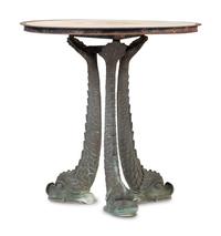 A Grotto Style Marble Inset Cast Iron and Bronze Dolphin-Base Pedestal Table