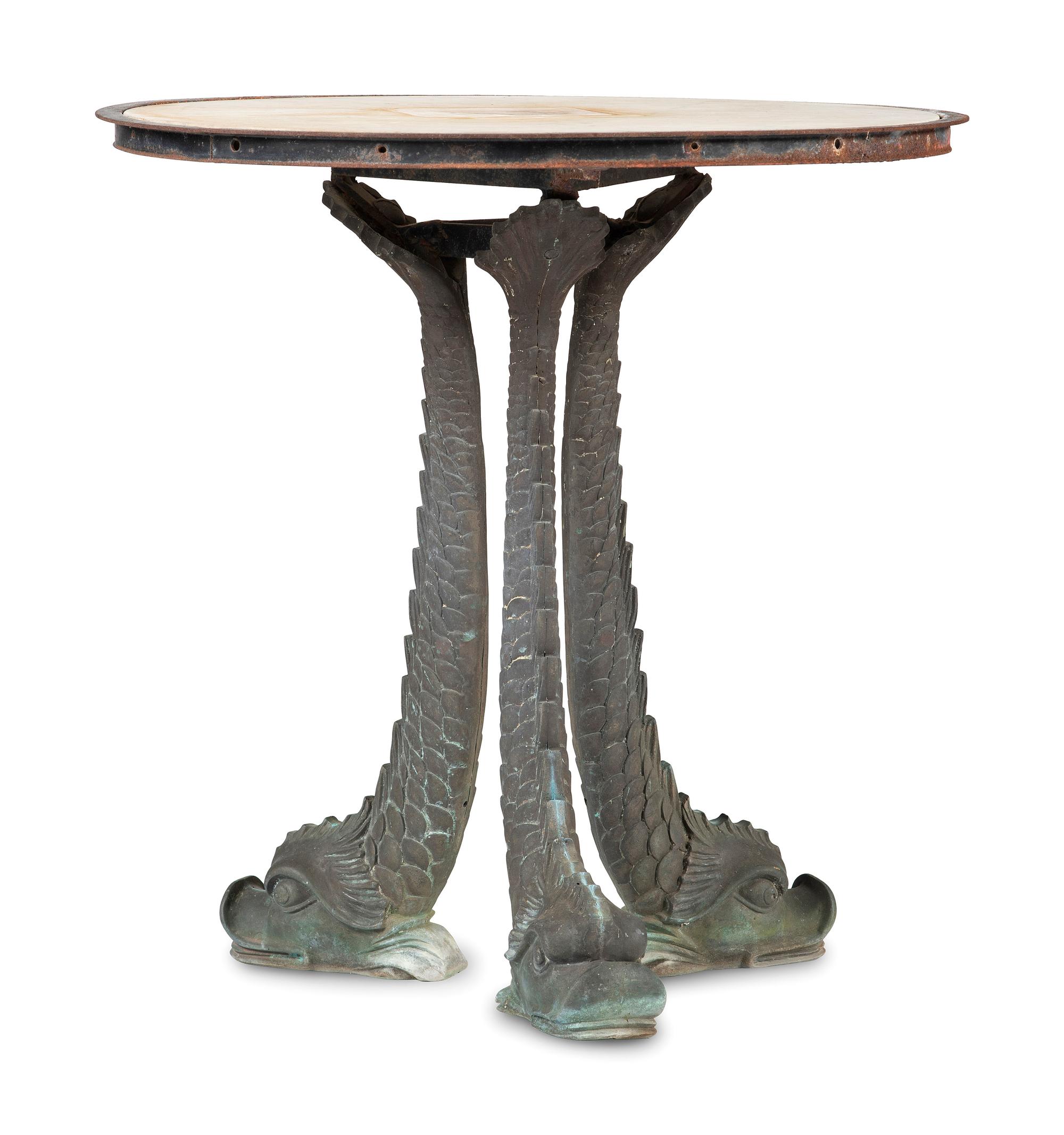 A Grotto Style Marble Inset Cast Iron and Bronze Dolphin-Base Pedestal Table