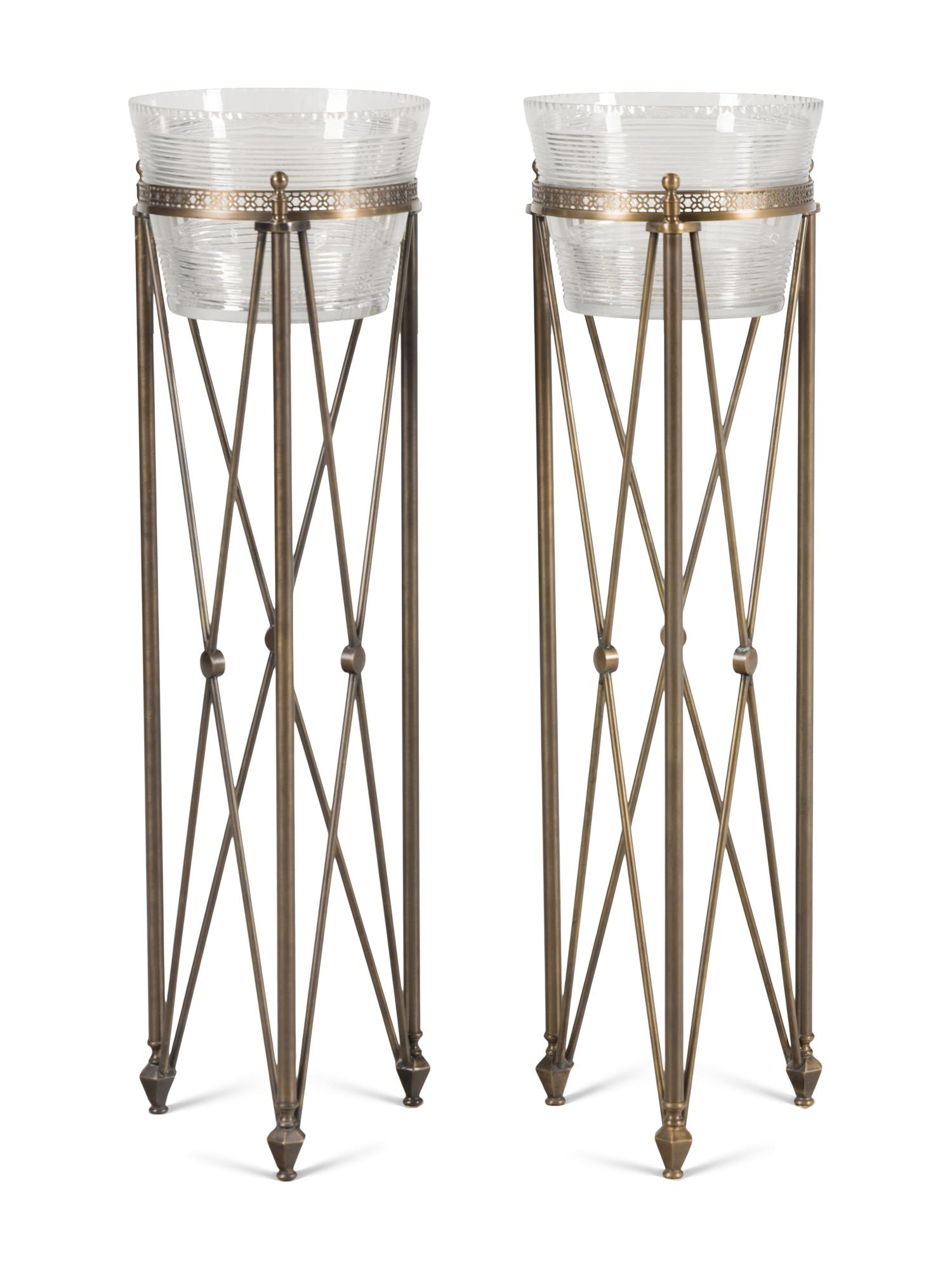 A Pair of Neoclassical Style Cut Glass and Brass Jardinière Stands