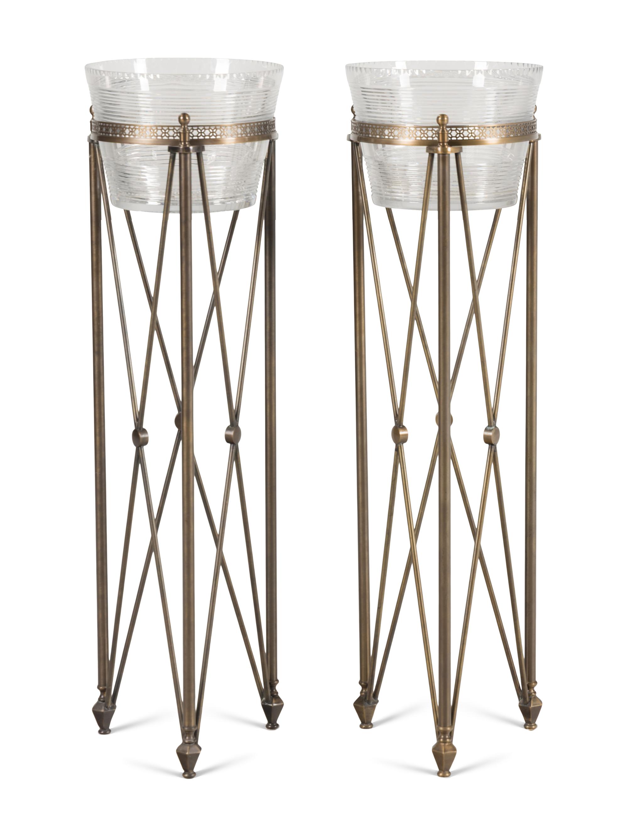 A Pair of Neoclassical Style Cut Glass and Brass Jardinière Stands