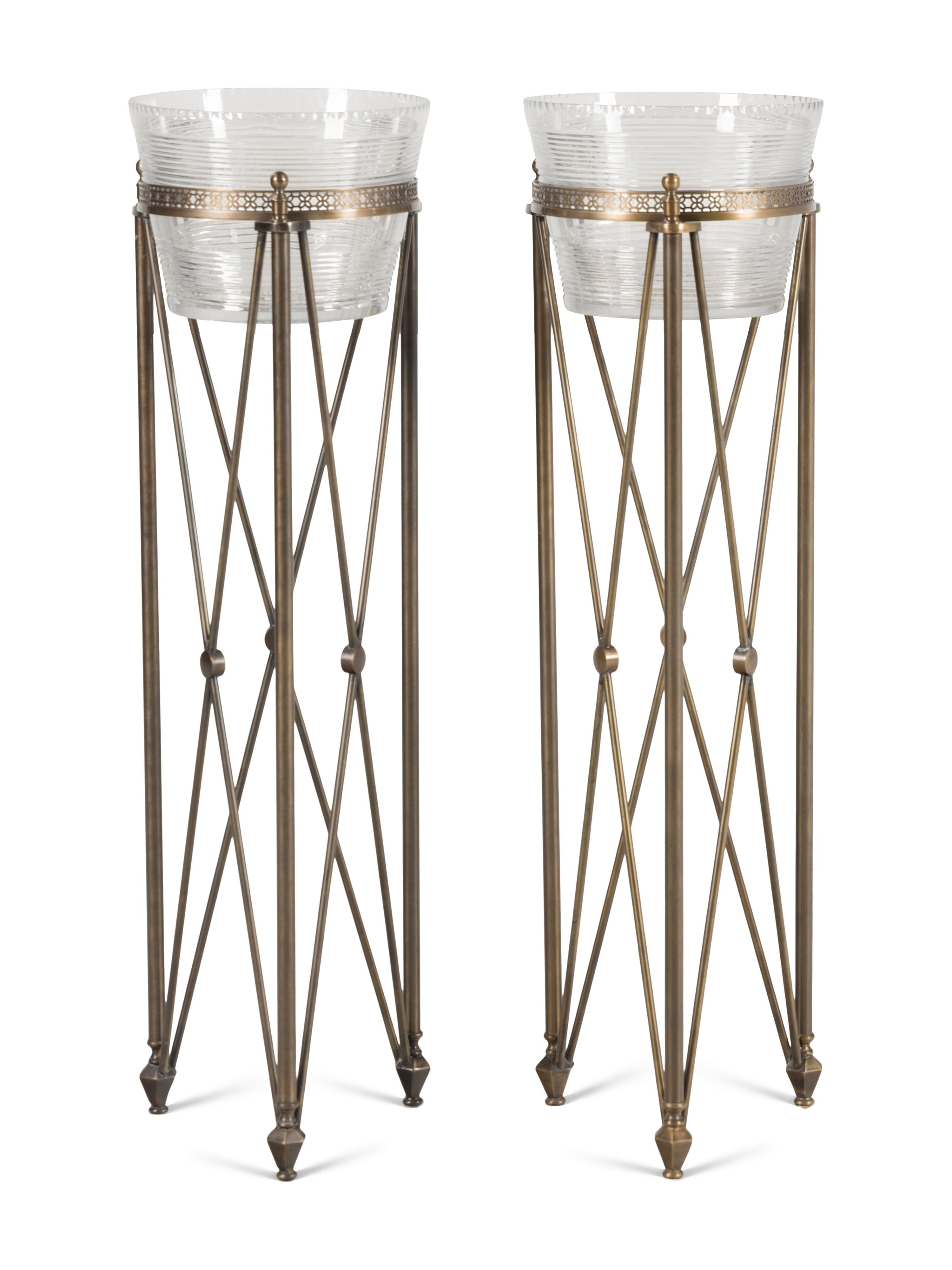 A Pair of Neoclassical Style Cut Glass and Brass Jardinière Stands