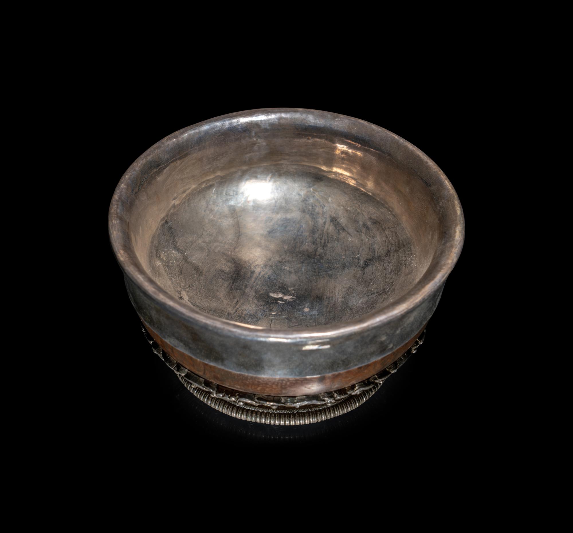 A Tibetan Silver Mounted Burlwood Bowl