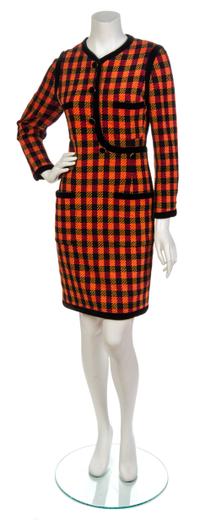 A Chanel Red, Orange and Black Chenille Checker Dress, Size 40.