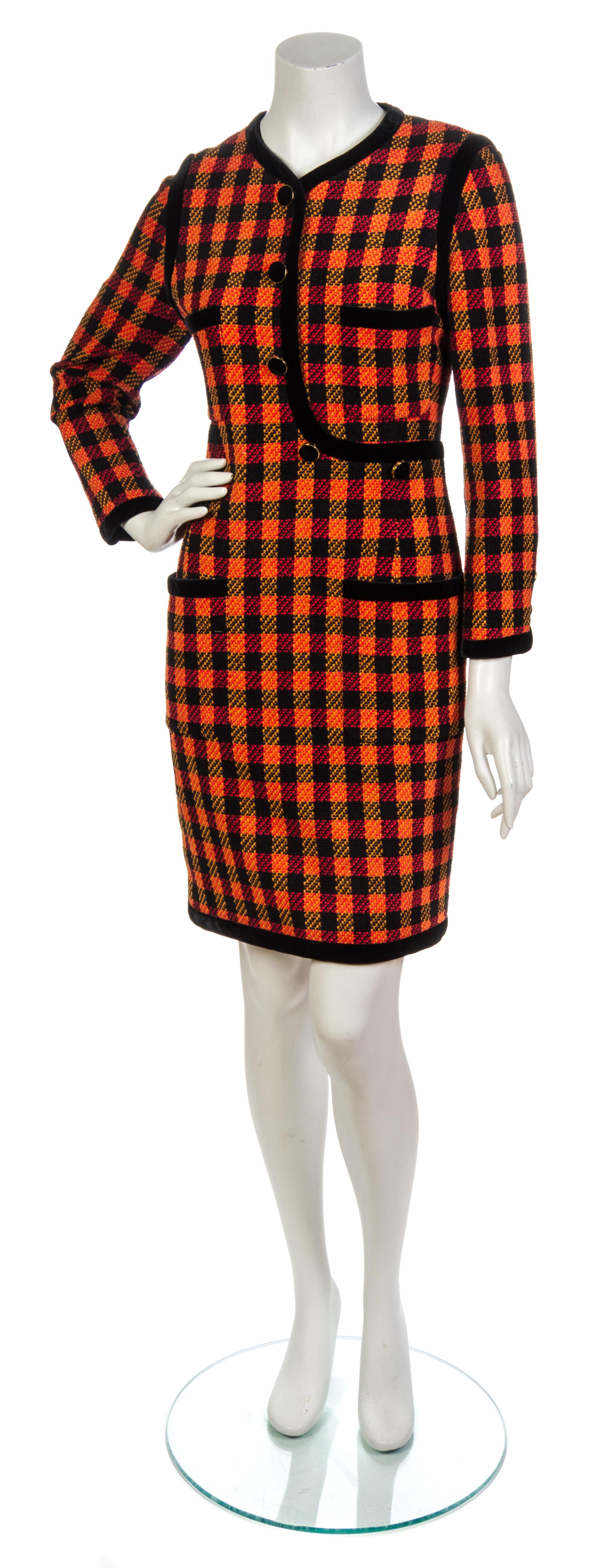 A Chanel Red, Orange and Black Chenille Checker Dress, Size 40.