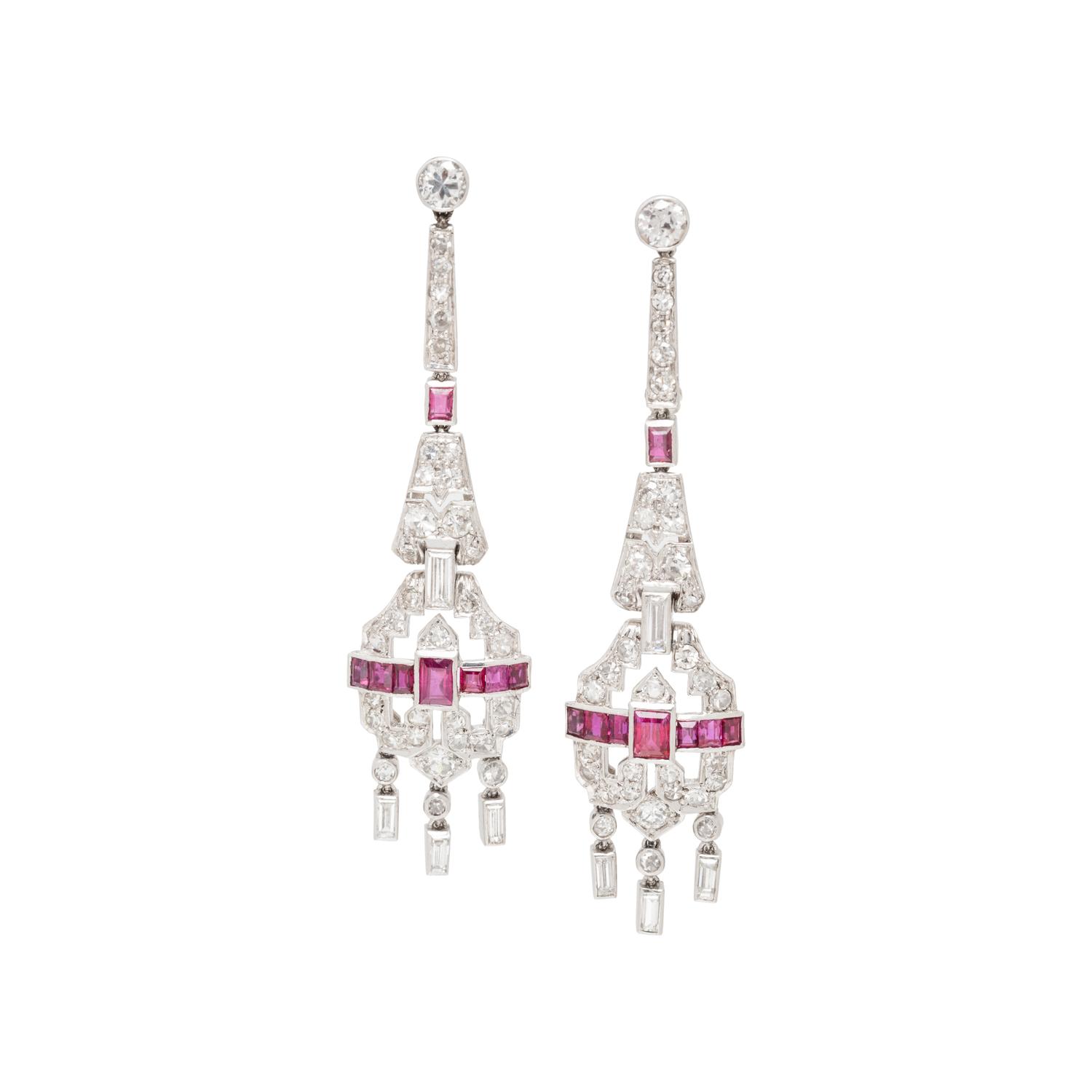 ART DECO, DIAMOND AND RUBY EARRINGS
