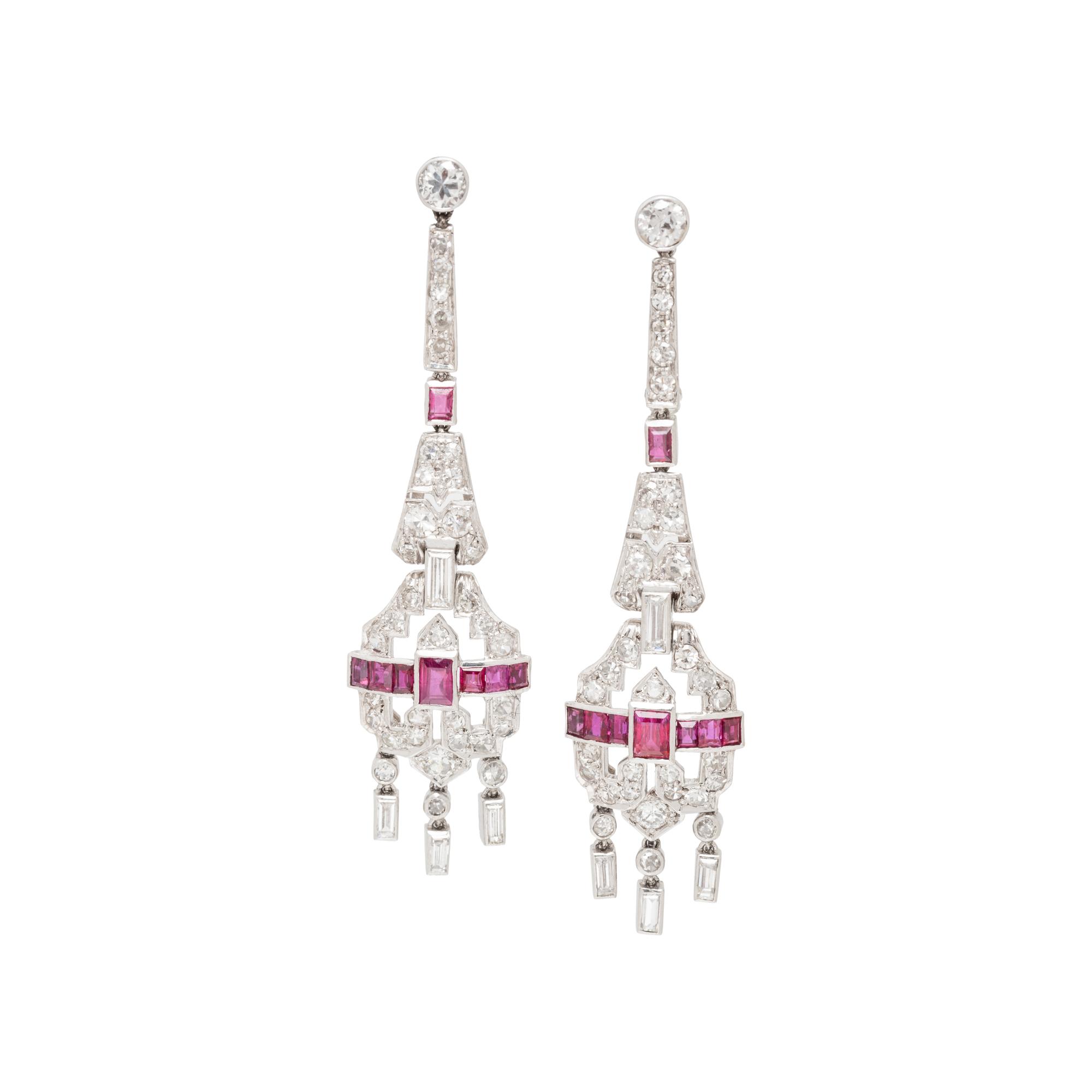 ART DECO, DIAMOND AND RUBY EARRINGS