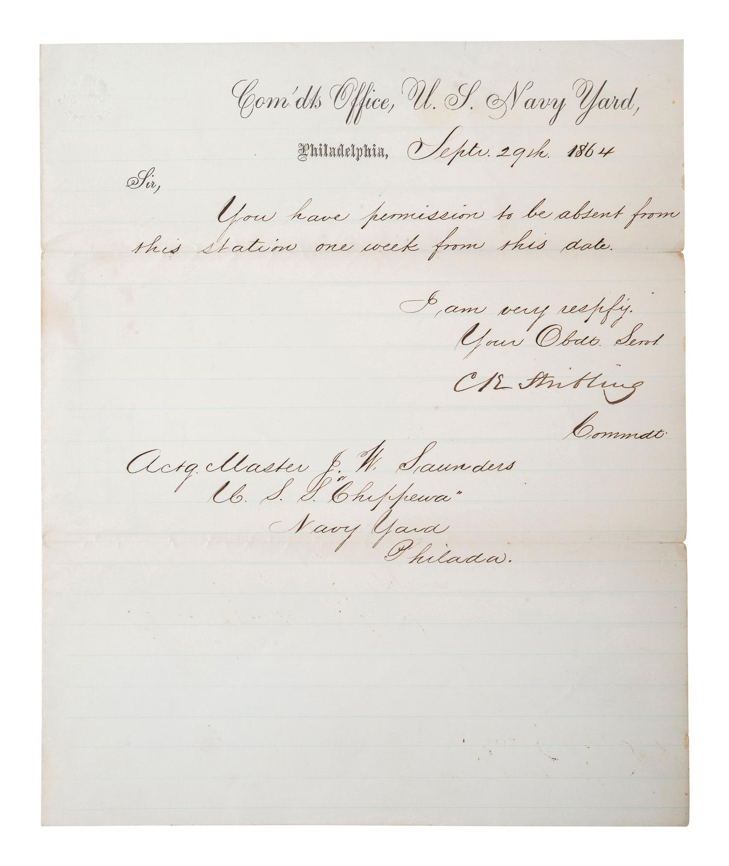 [CIVIL WAR - NAVY]. A group of documents related to the South Atlantic Blockading Squadron with South Carolina interest, including: