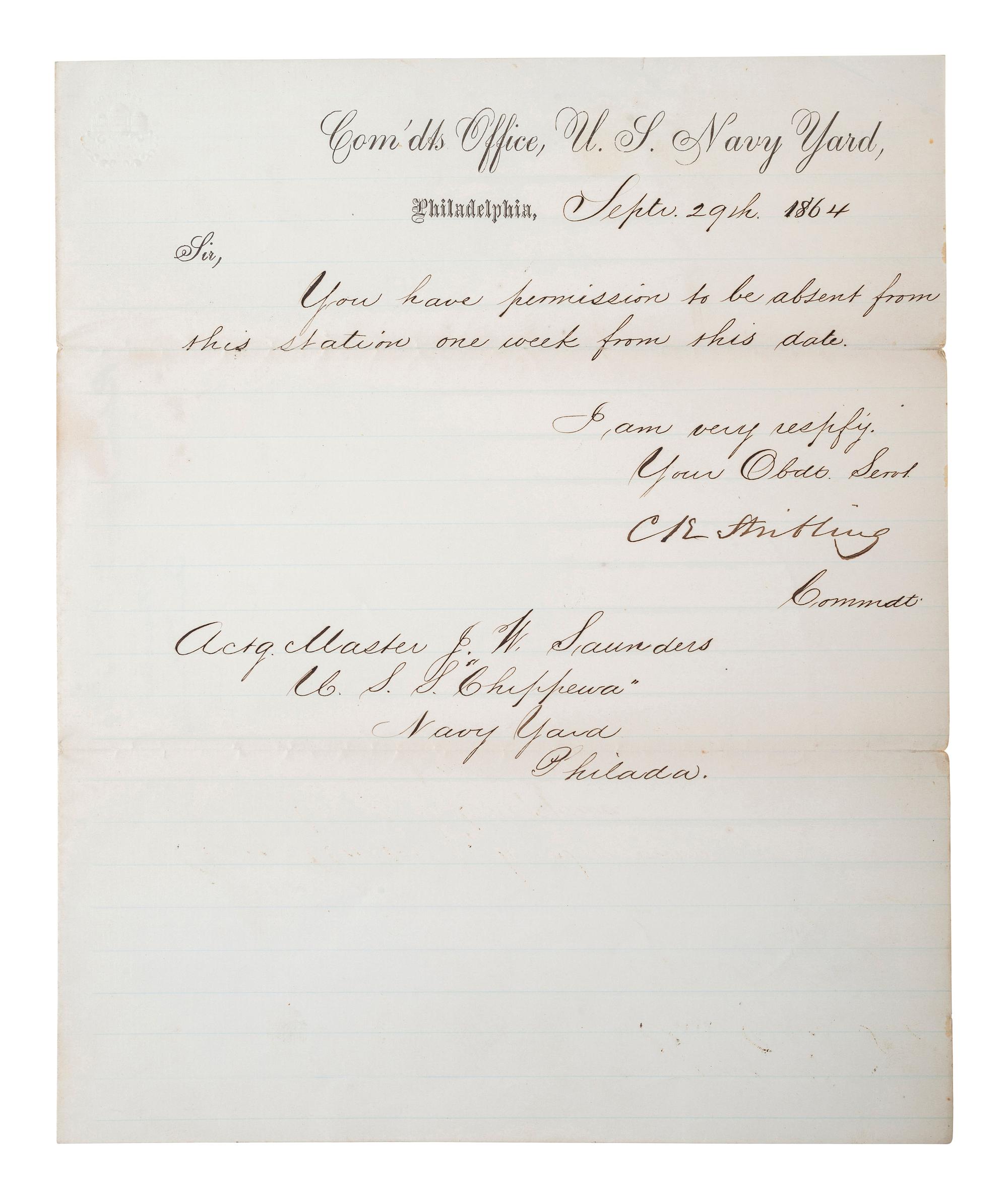 [CIVIL WAR - NAVY]. A group of documents related to the South Atlantic Blockading Squadron with South Carolina interest, including: