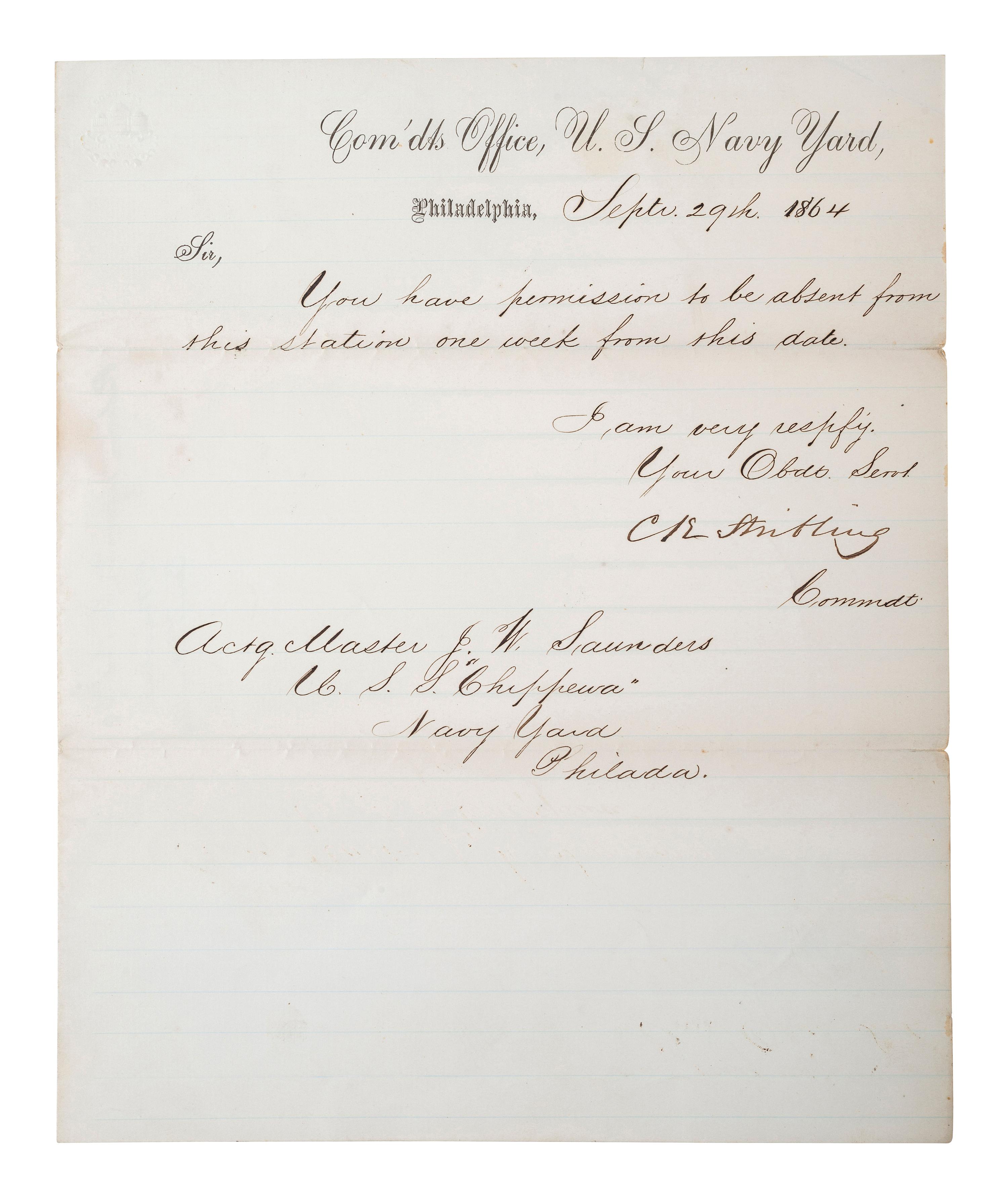 [CIVIL WAR - NAVY]. A group of documents related to the South Atlantic Blockading Squadron with South Carolina interest, including: