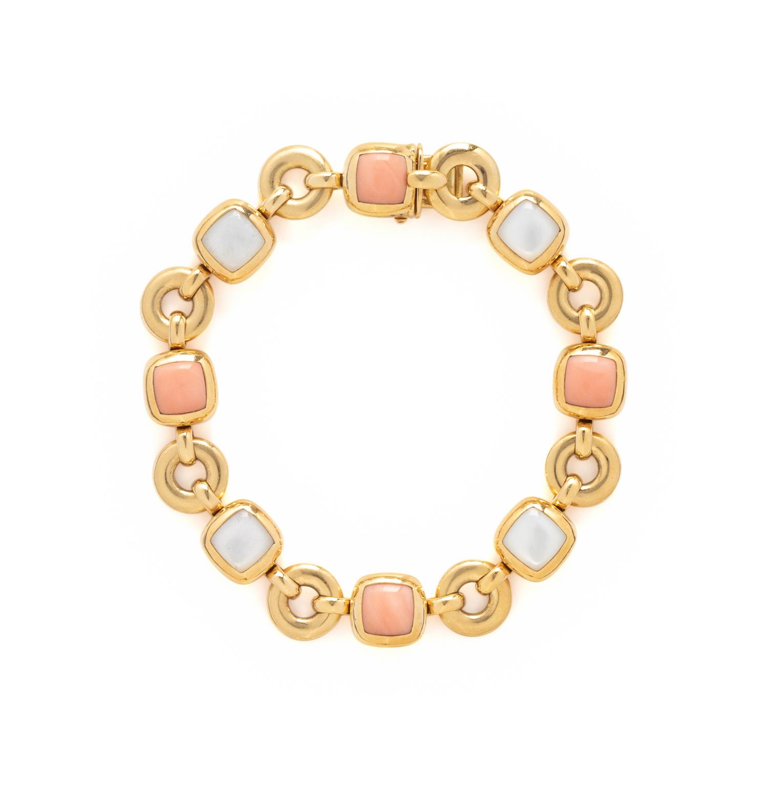 VAN CLEEF & ARPELS, YELLOW GOLD, CORAL, AND MOTHER-OF-PEARL BRACELET