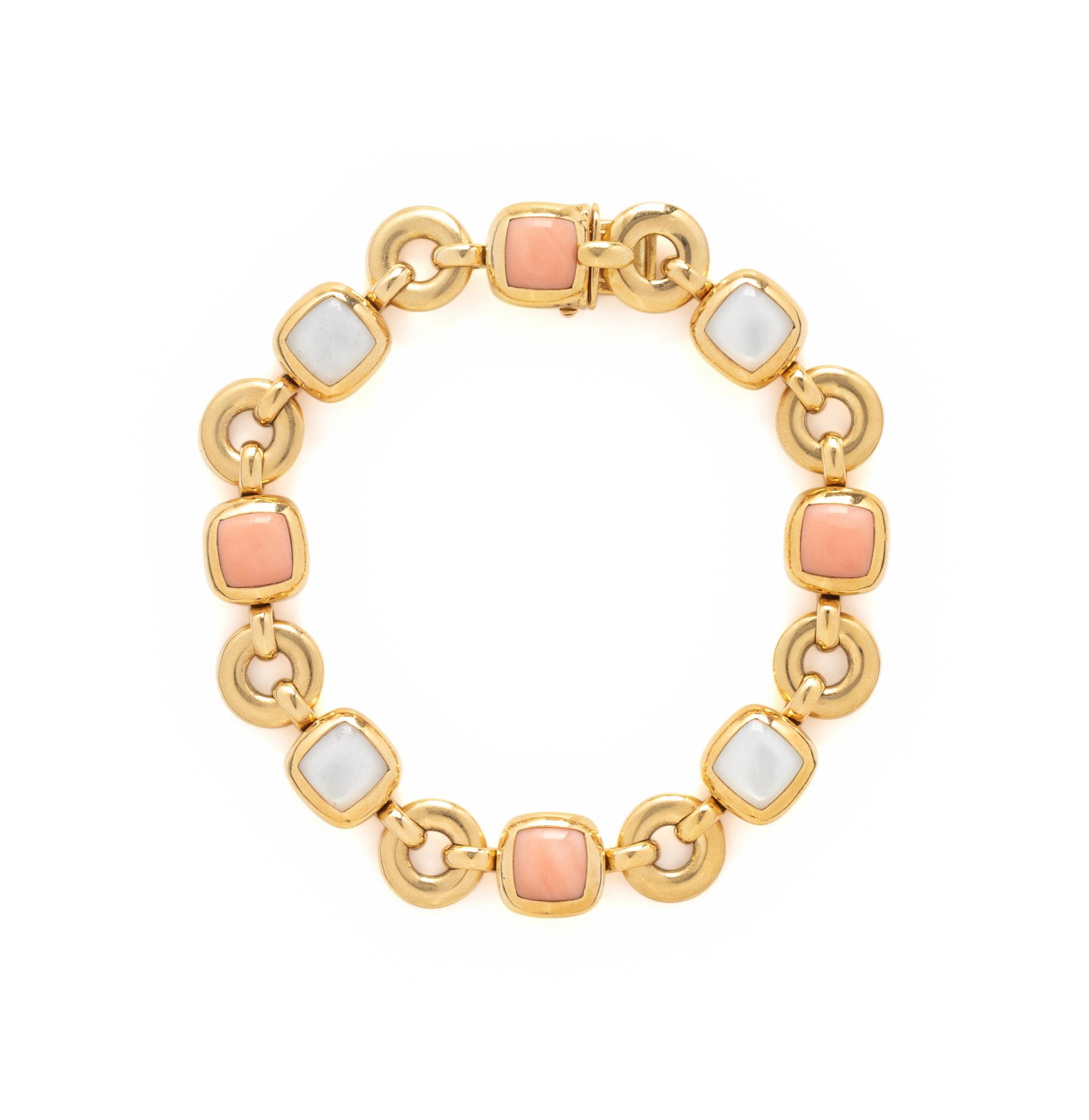 VAN CLEEF & ARPELS, YELLOW GOLD, CORAL, AND MOTHER-OF-PEARL BRACELET