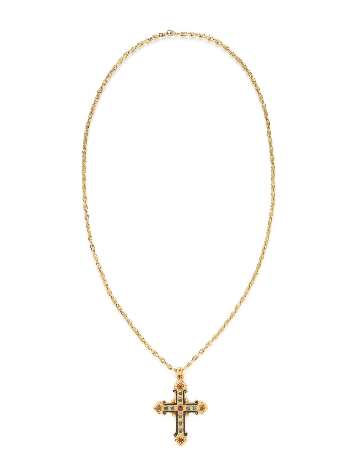 EMERALD, RUBY, AND ENAMEL CROSS PENDANT NECKLACE