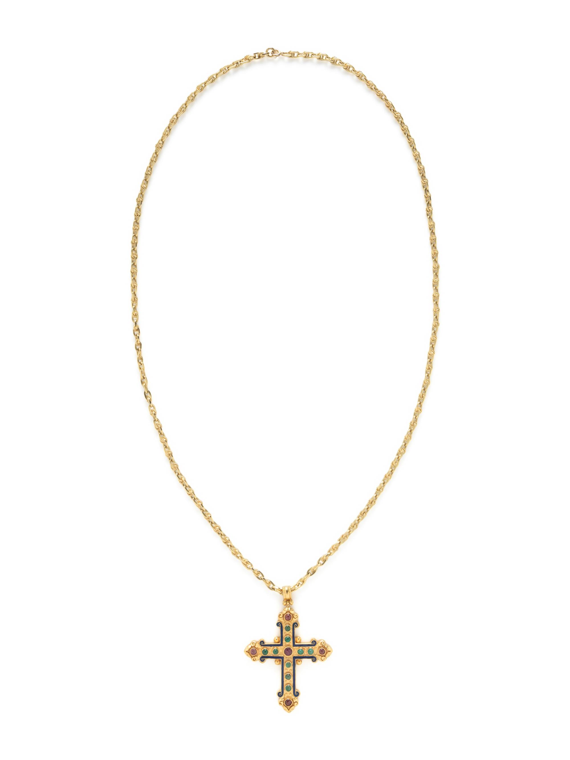 EMERALD, RUBY, AND ENAMEL CROSS PENDANT NECKLACE