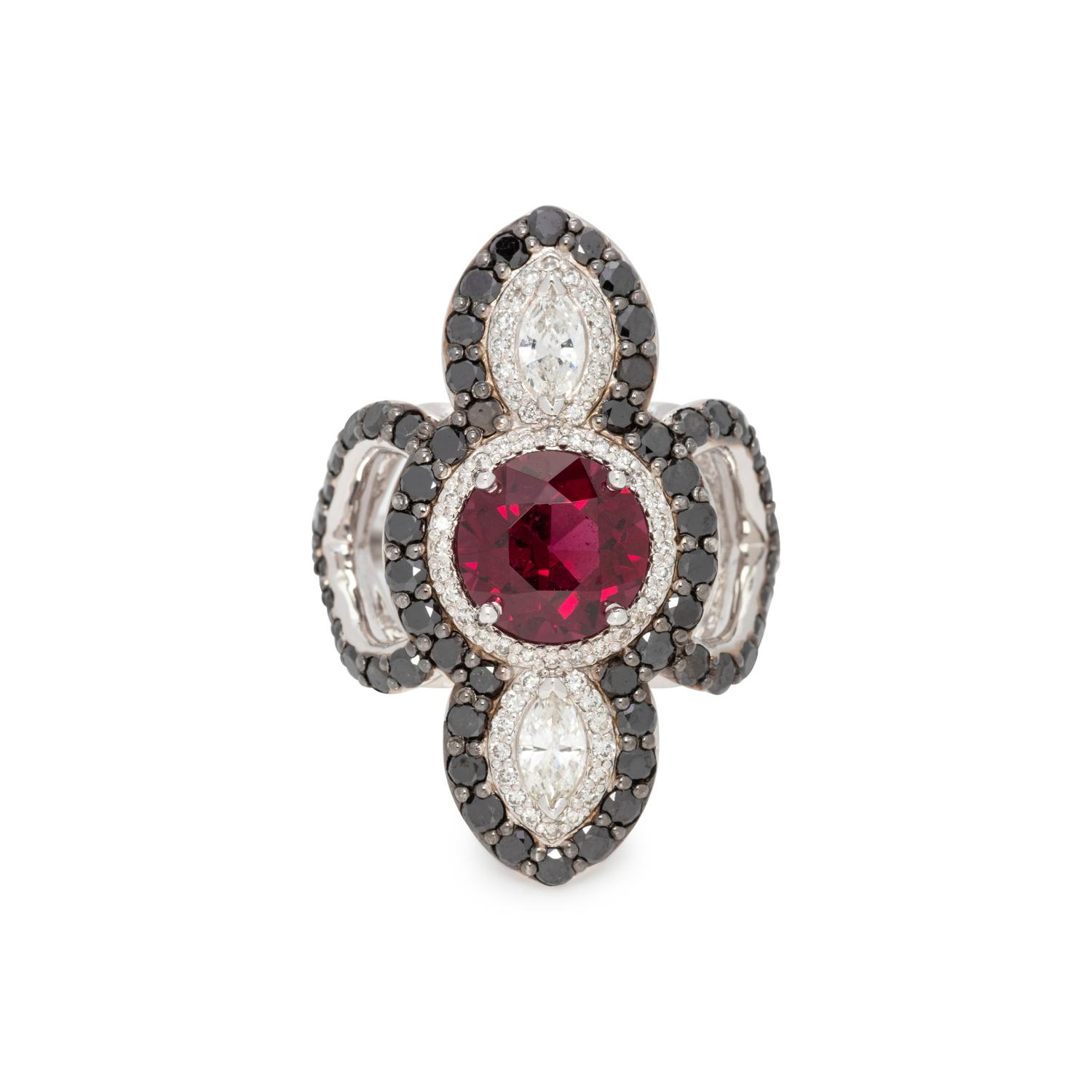 GARNET, DIAMOND AND BLACK DIAMOND RING
