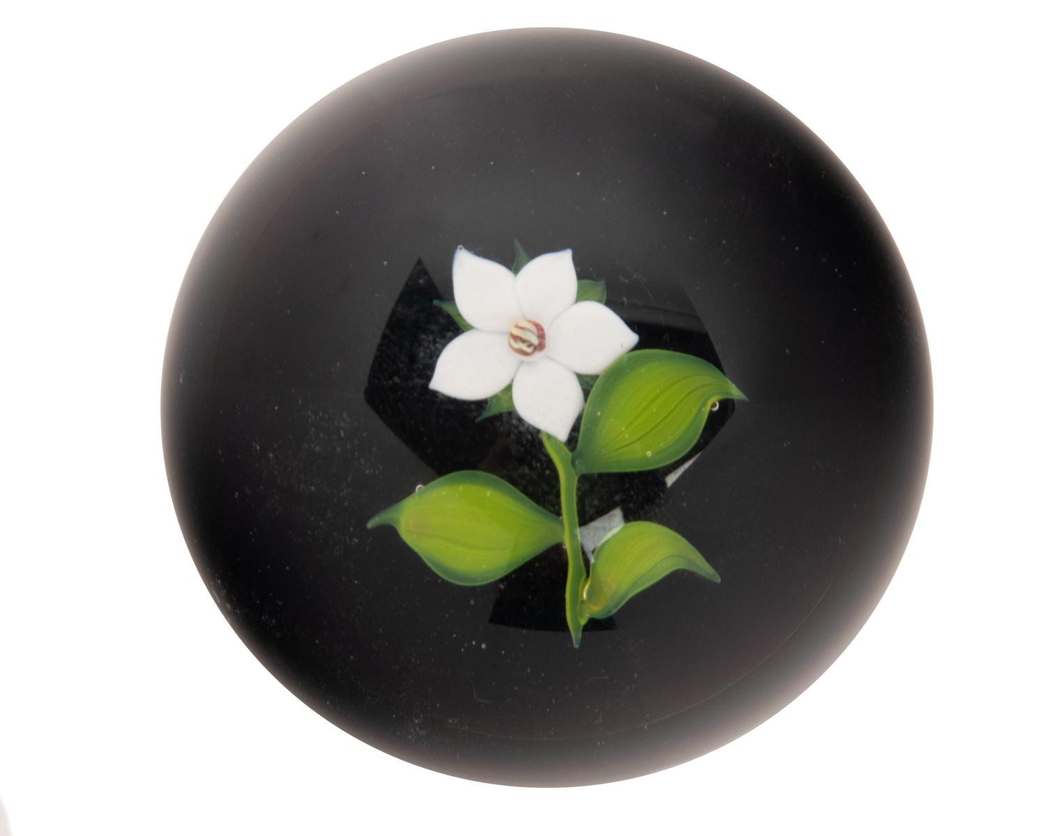 A Paul Stankard White Flower on Opaque Ground Glass Paperweight