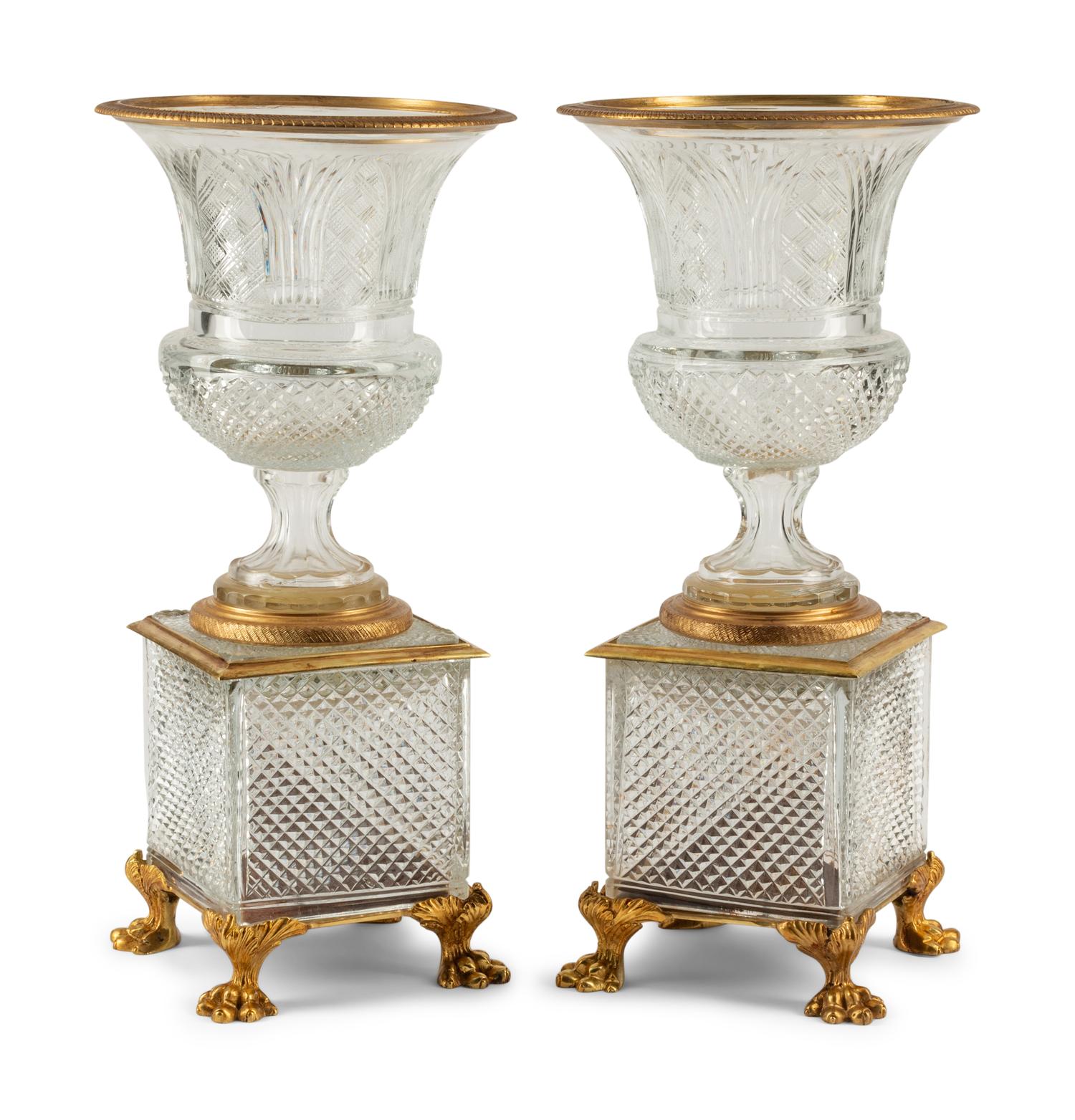 A Pair of Continental Gilt Bronze Mounted Cut Glass Vases