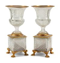 A Pair of Continental Gilt Bronze Mounted Cut Glass Vases