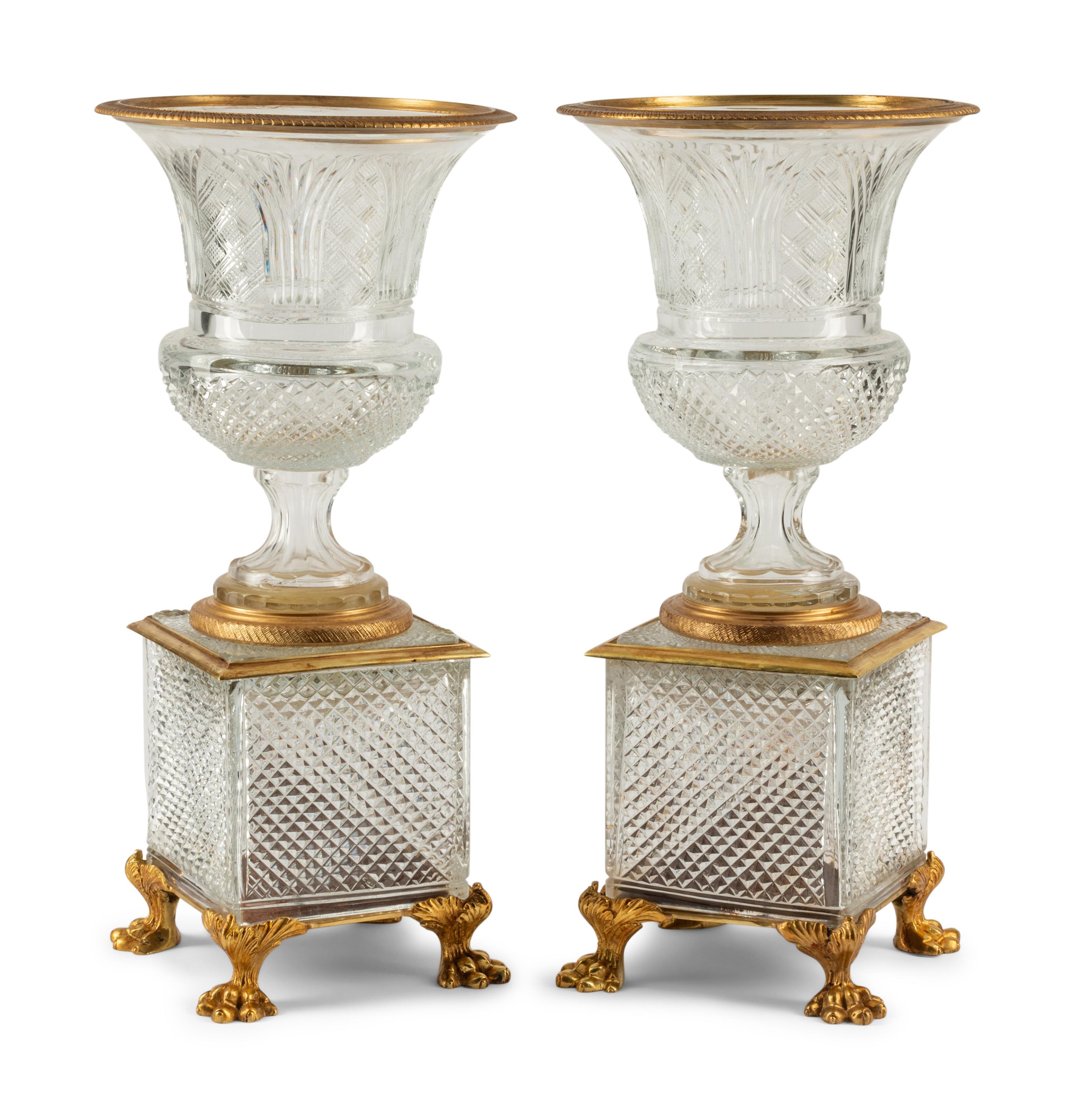 A Pair of Continental Gilt Bronze Mounted Cut Glass Vases